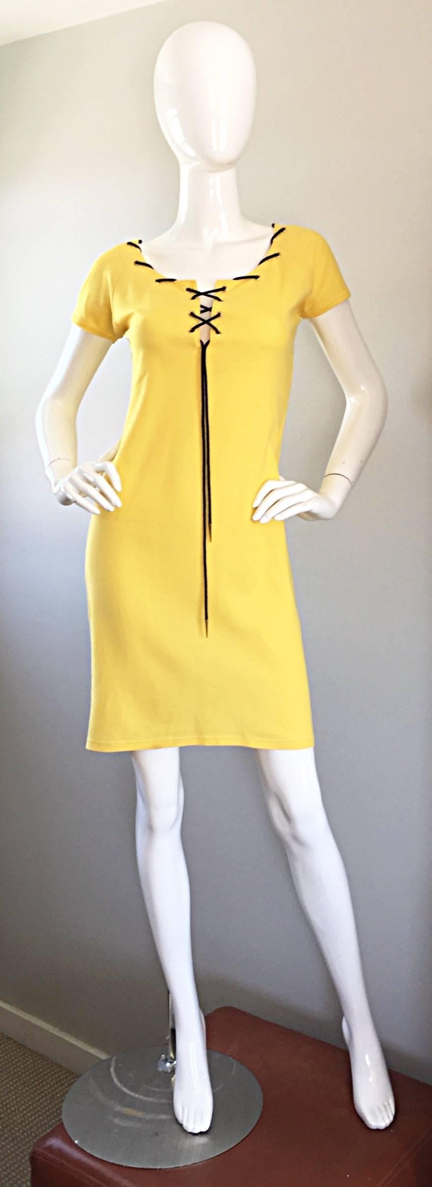 Vintage Yves Saint Laurent Yellow Knit + Navy Blue String Nautical Safari Dress 3