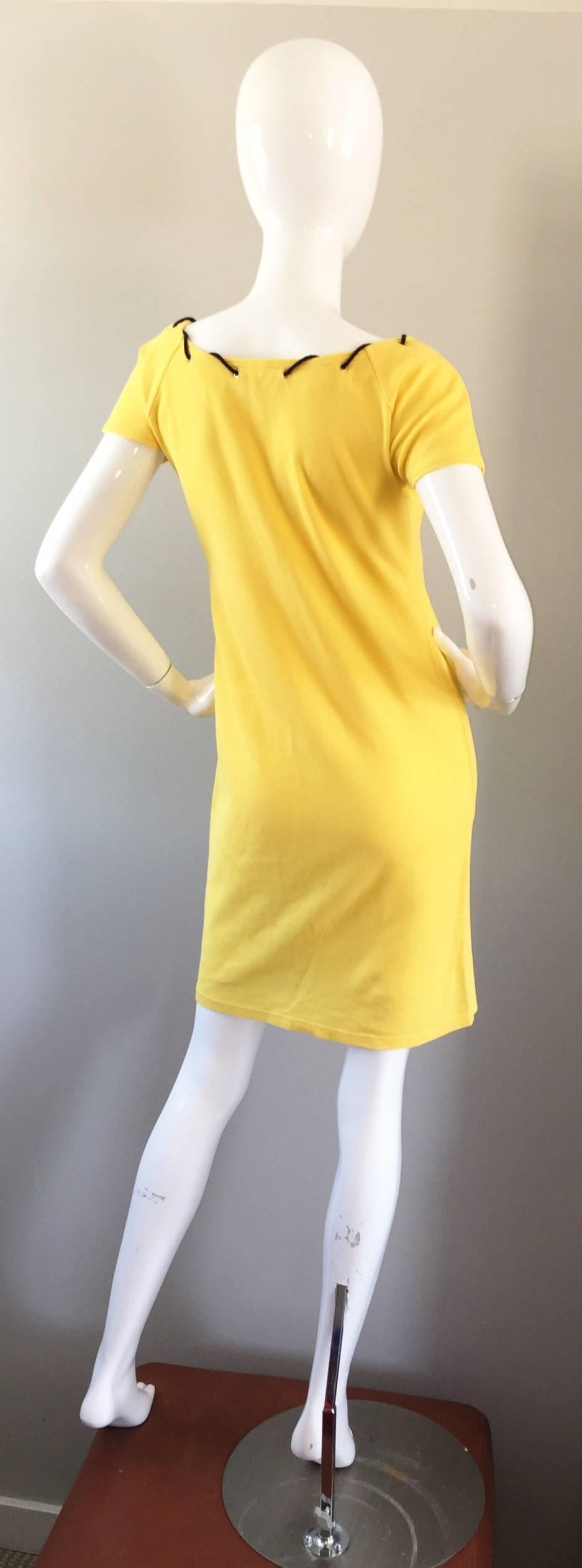 Vintage Yves Saint Laurent Yellow Knit + Navy Blue String Nautical Safari Dress 4