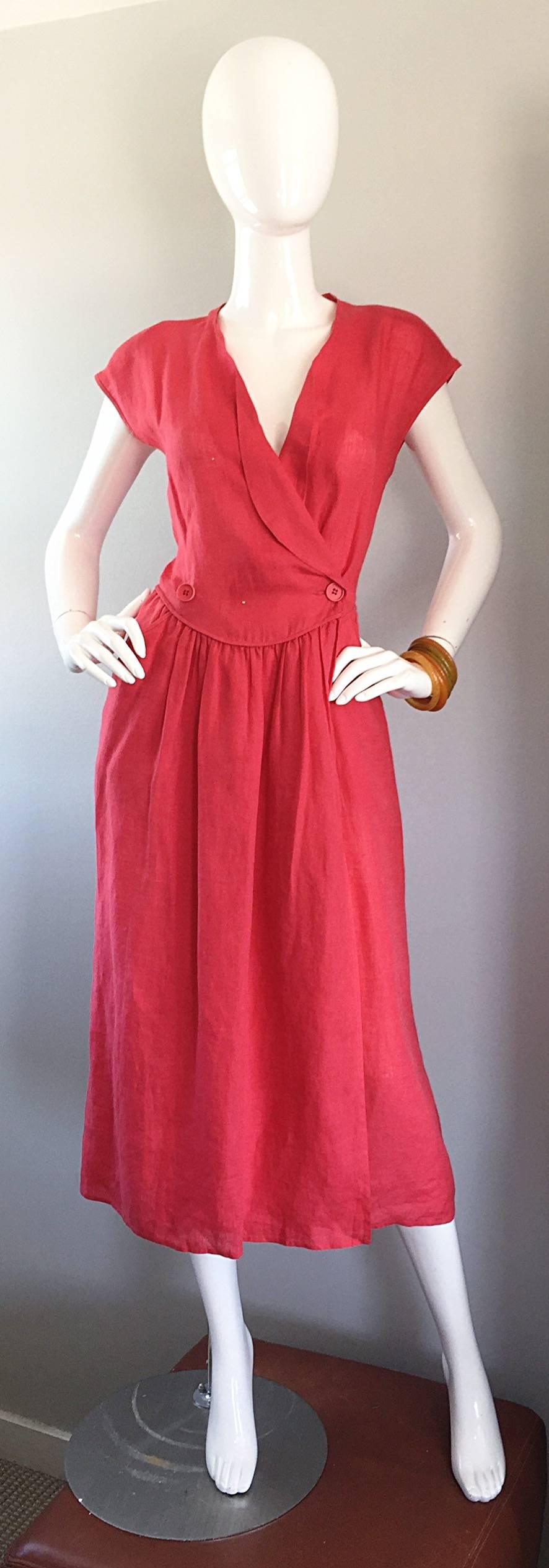 Women's Vintage Basile Red Linen Italian Double Breasted Tuxedo Lapel Midi Wrap Dress 