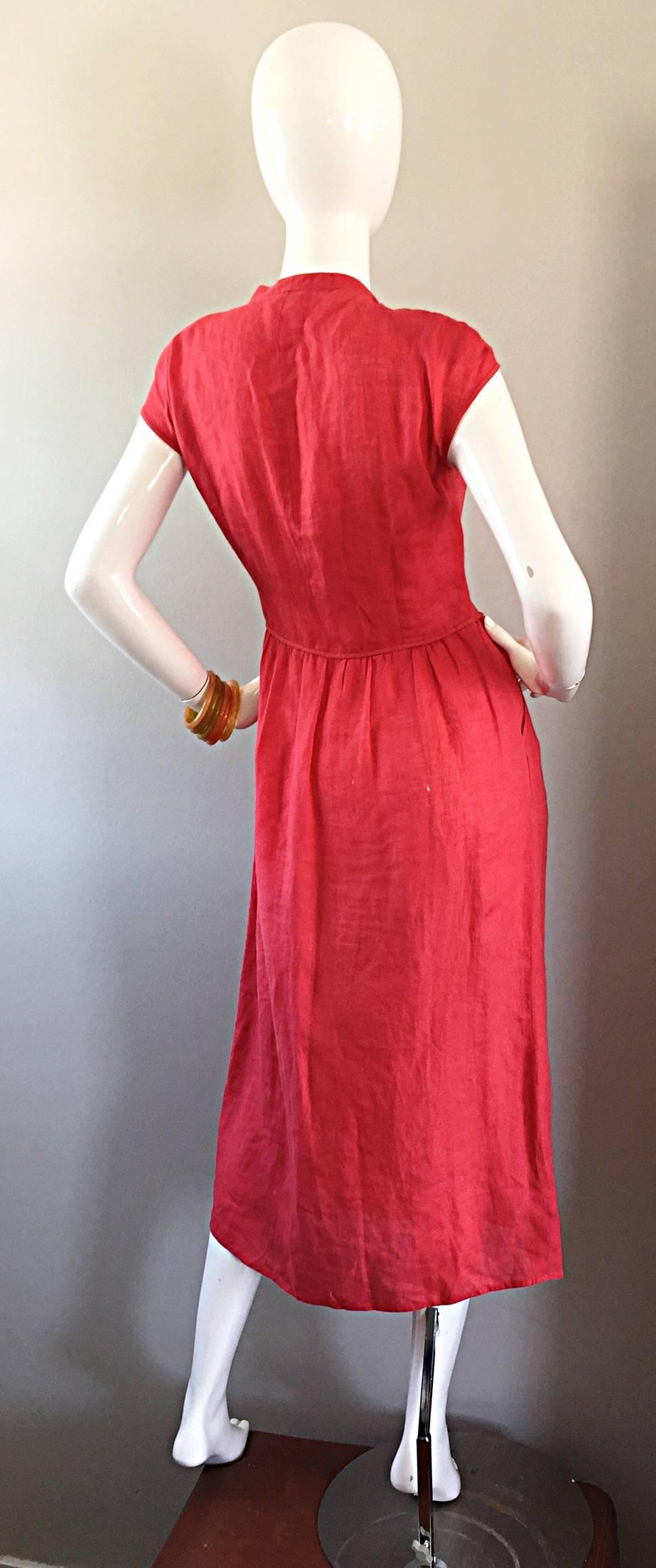 Vintage Basile Red Linen Italian Double Breasted Tuxedo Lapel Midi Wrap Dress  1