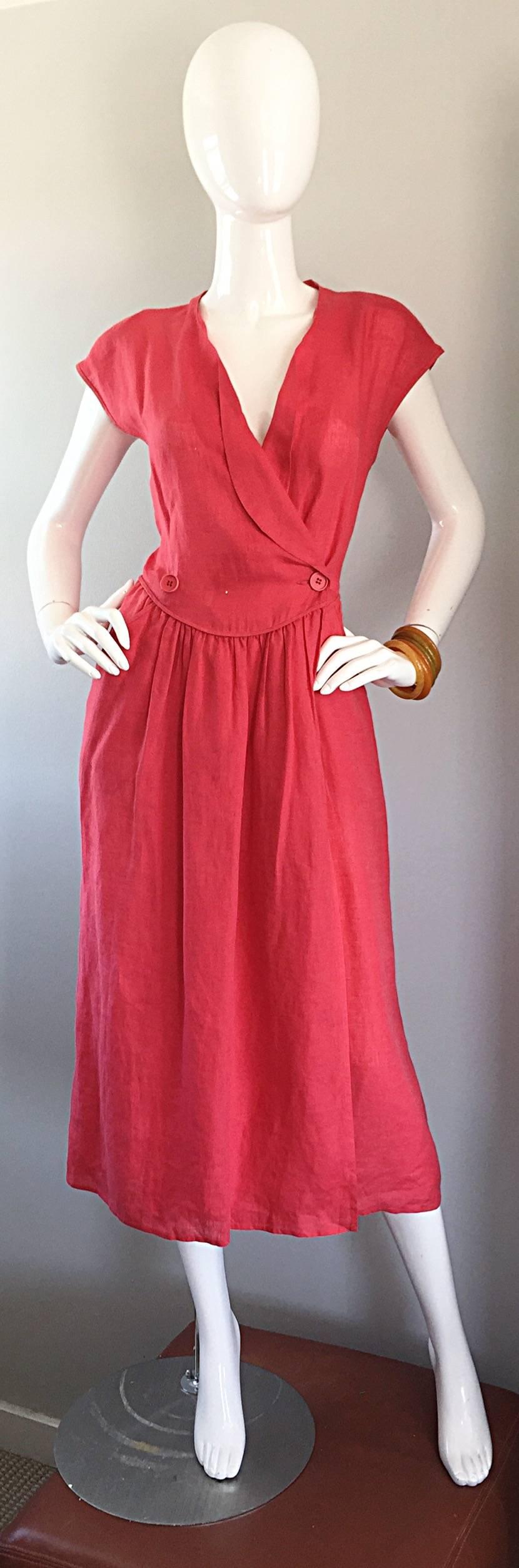Beautiful vintage BASILE (Made in Italy) tomato red lightweight fine linen double breasted wrap dress! Hard to find pieces (especially dresses) from this sought after Italian designer...Incredible amount of detail, with flattering pleats at waist,