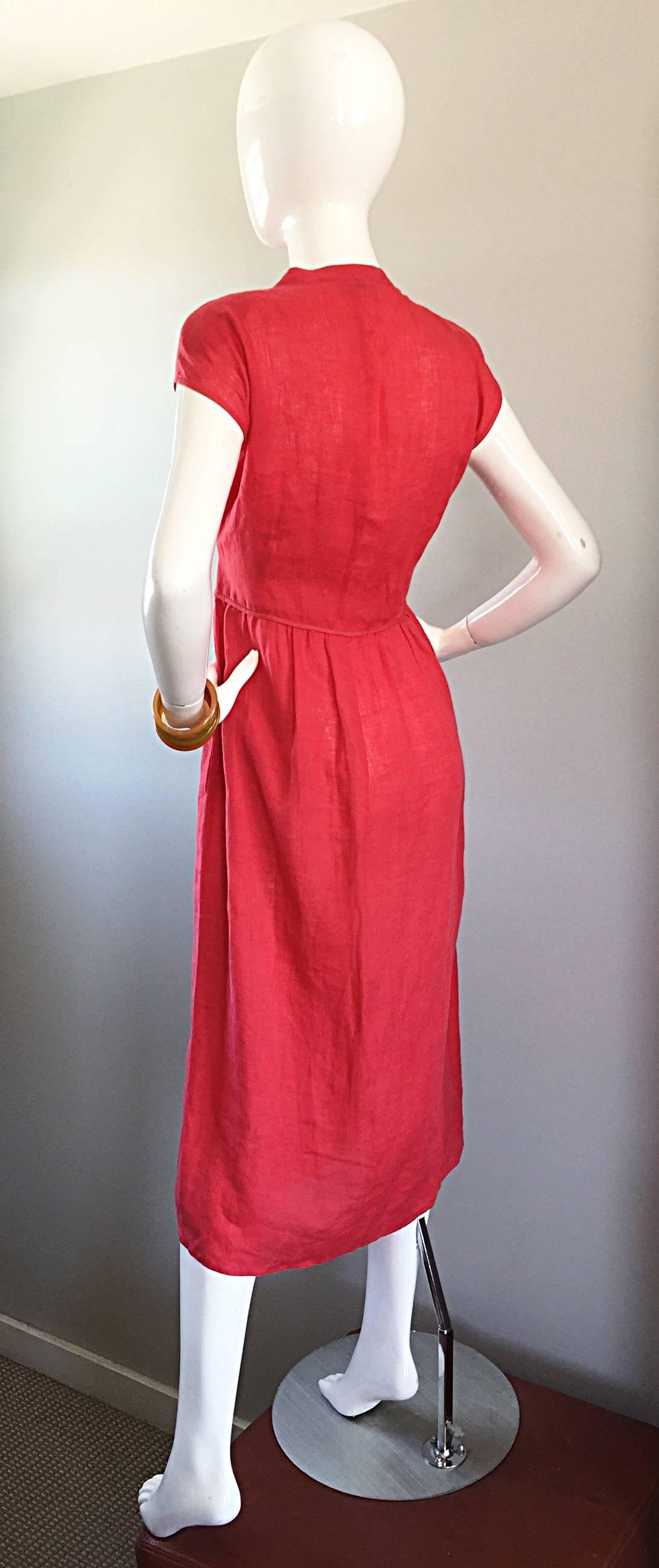 Vintage Basile Red Linen Italian Double Breasted Tuxedo Lapel Midi Wrap Dress  In Excellent Condition In San Diego, CA