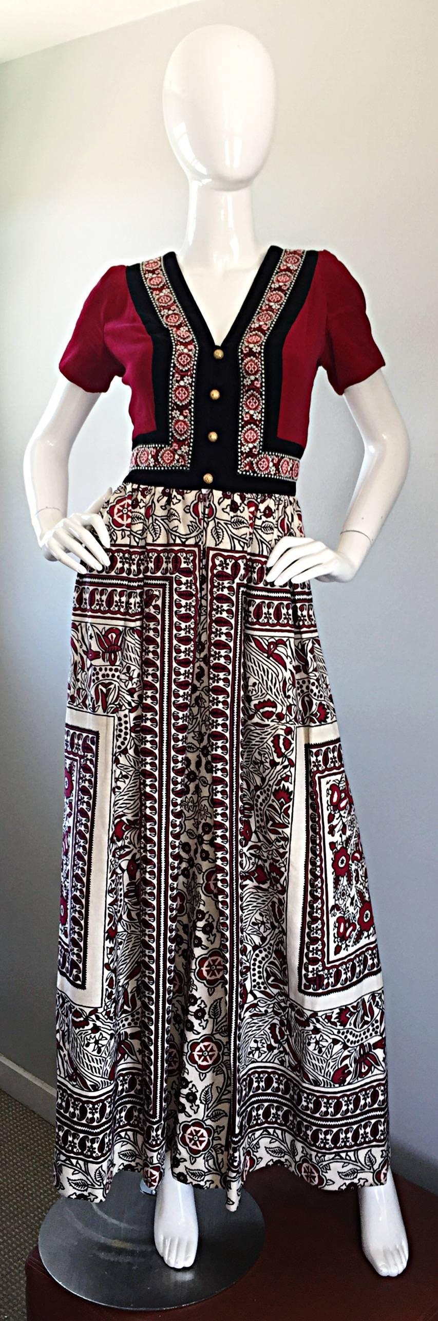 Rare 1970s Jay Morley for Fern Violette Velvet + Cotton Ethnic Tribal Boho Dress 1