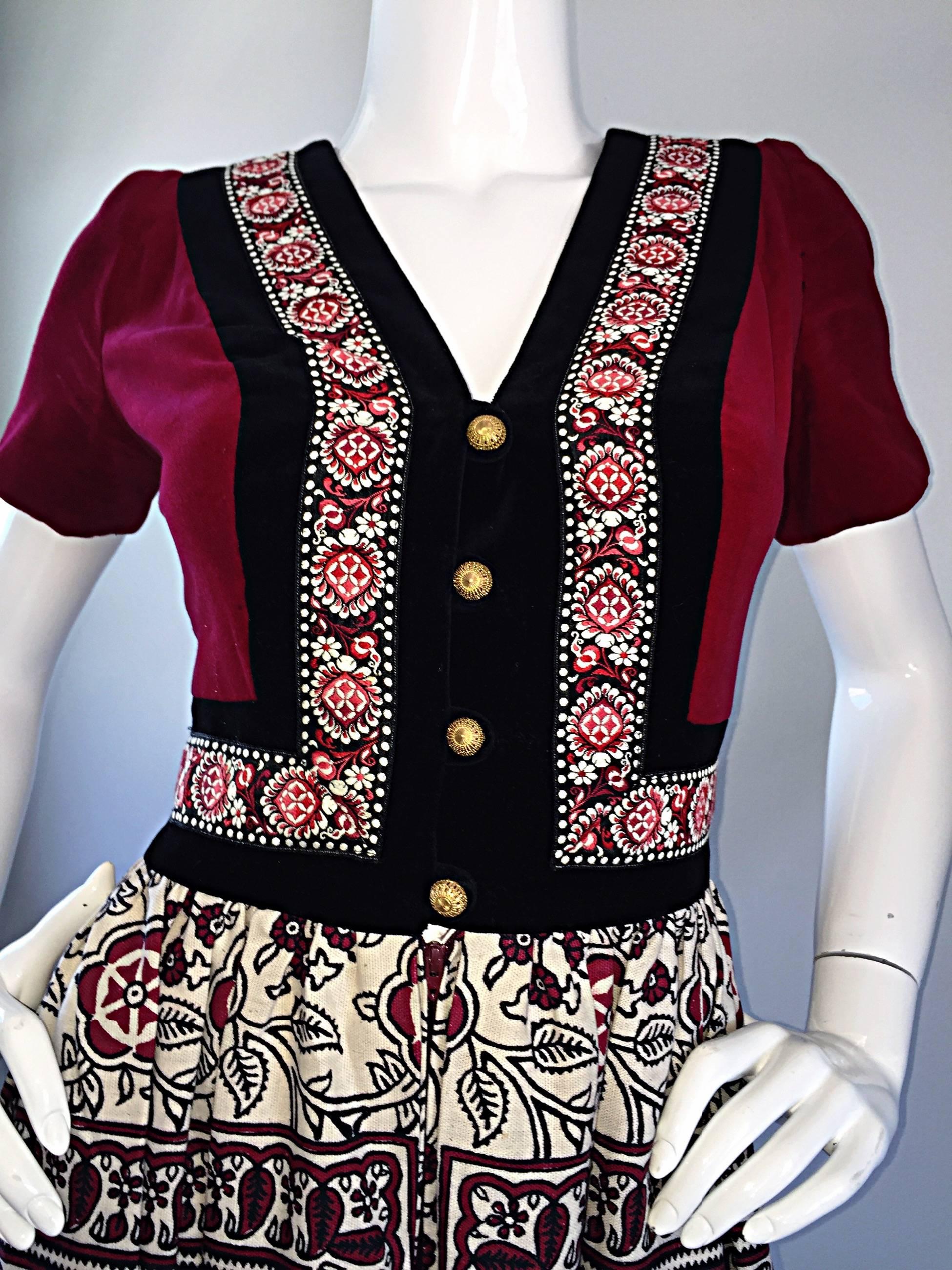 Black Rare 1970s Jay Morley for Fern Violette Velvet + Cotton Ethnic Tribal Boho Dress