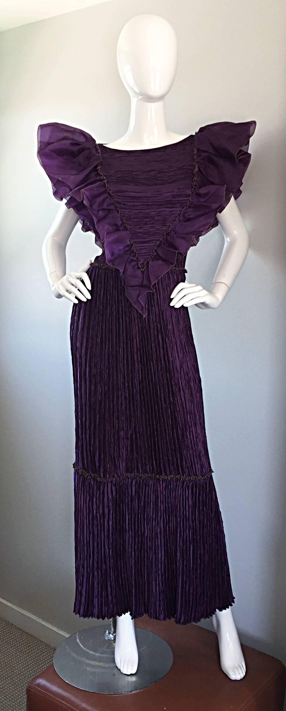 Mary McFadden Couture for Bonwit Teller 80s Purple Fortuny Pleated Ruffle Dress 5