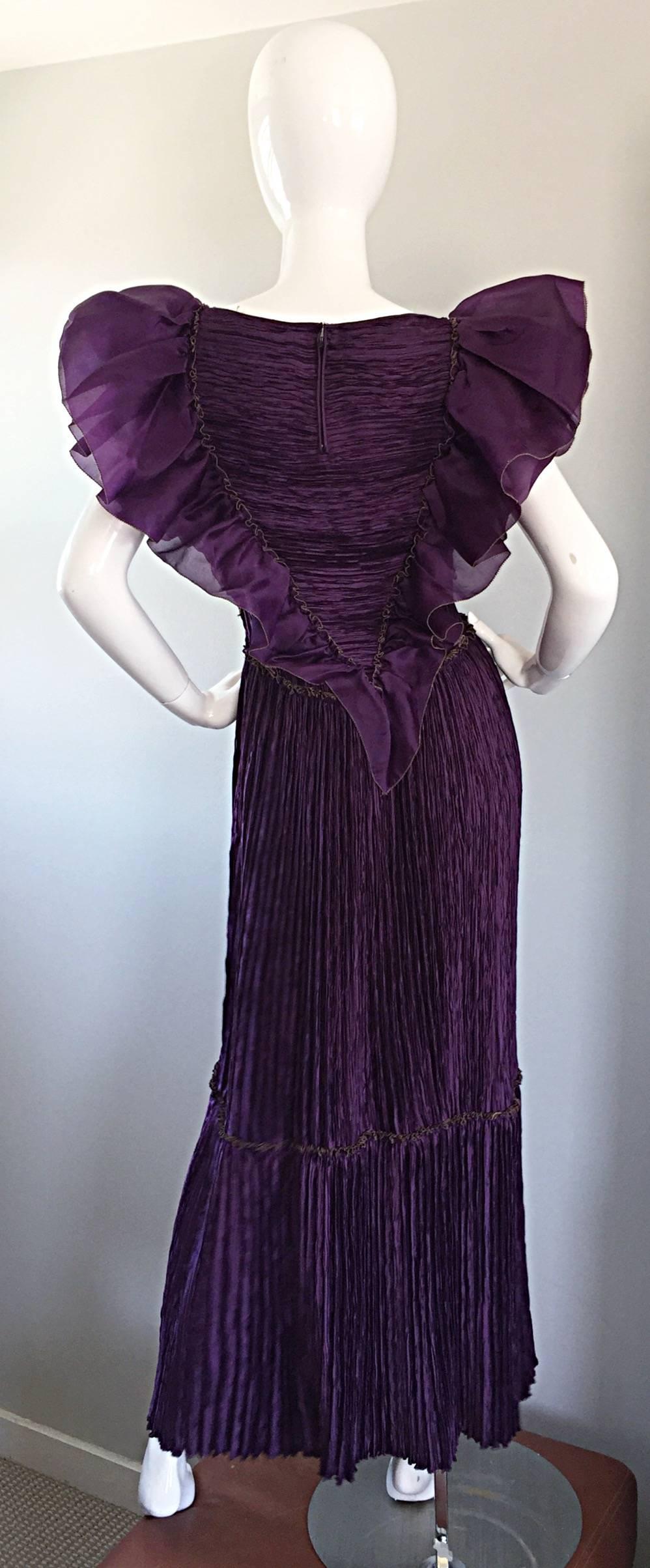 Mary McFadden Couture for Bonwit Teller 80s Purple Fortuny Pleated Ruffle Dress 3