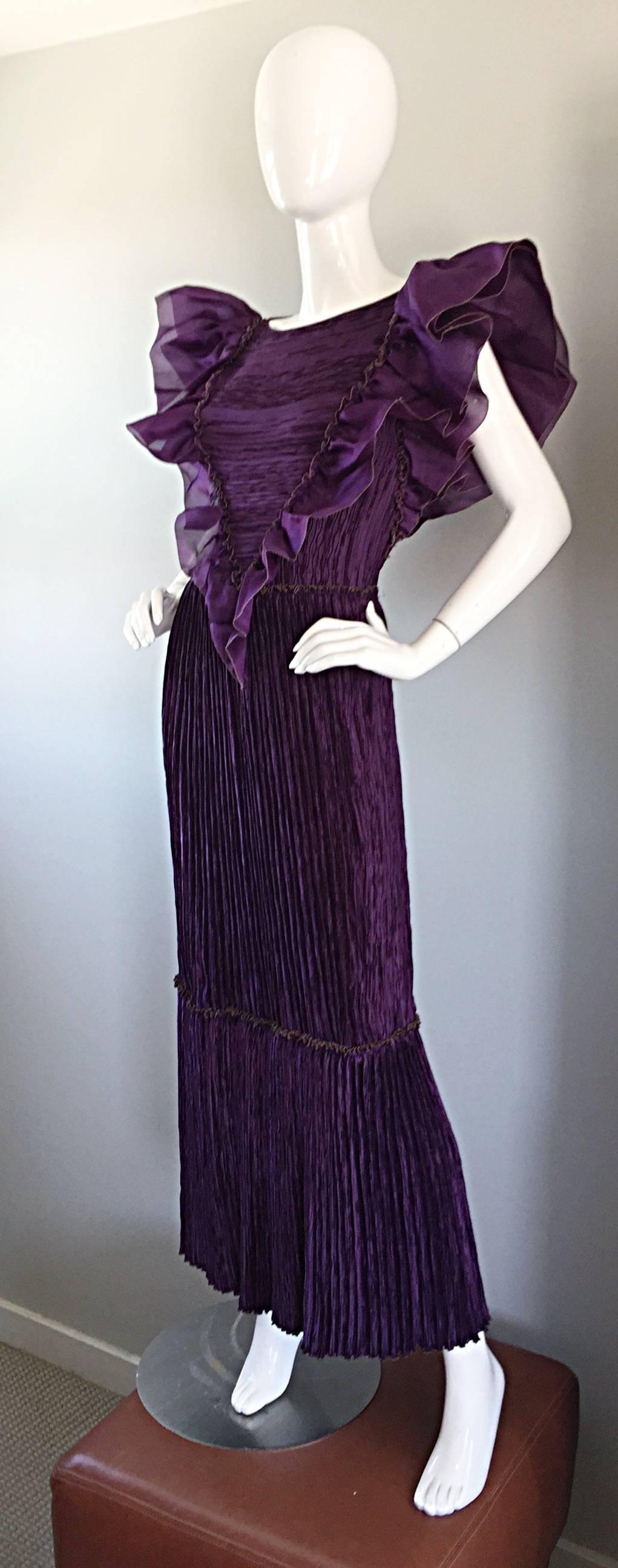Mary McFadden Couture for Bonwit Teller 80s Purple Fortuny Pleated Ruffle Dress In Excellent Condition In San Diego, CA
