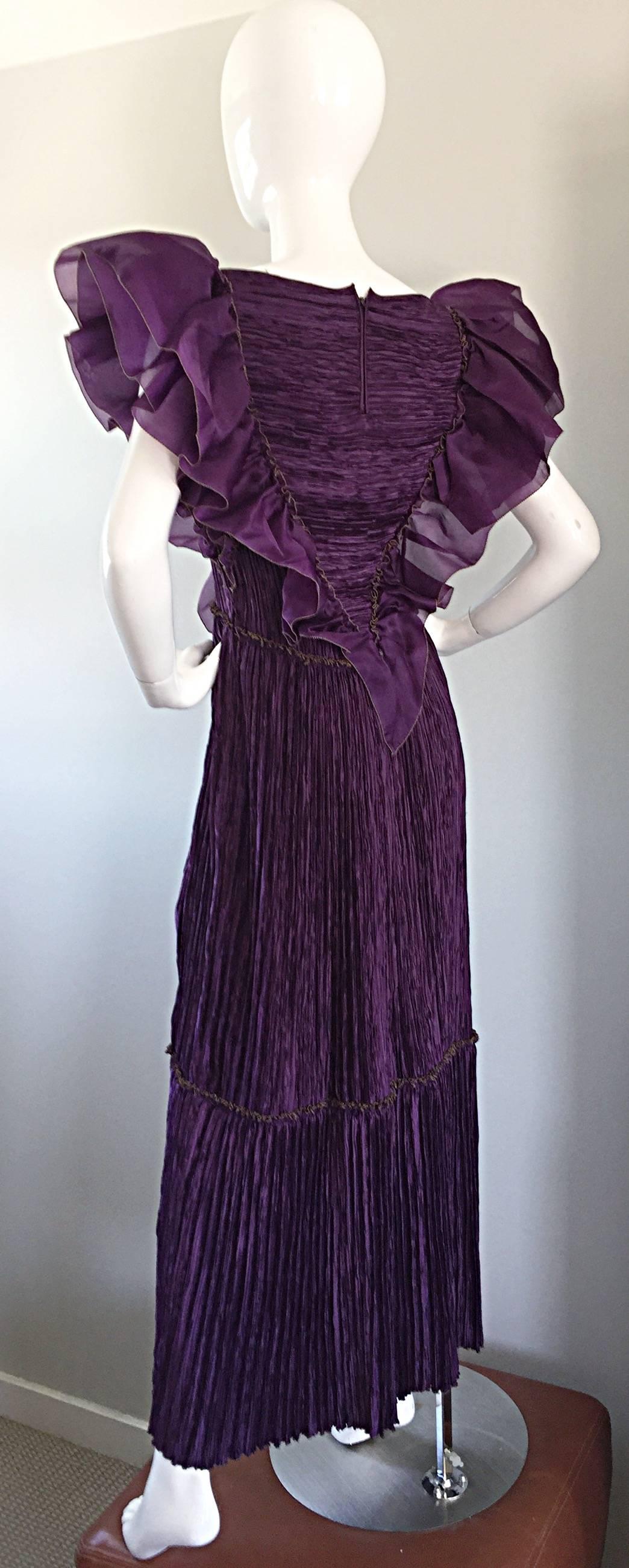 Women's Mary McFadden Couture for Bonwit Teller 80s Purple Fortuny Pleated Ruffle Dress