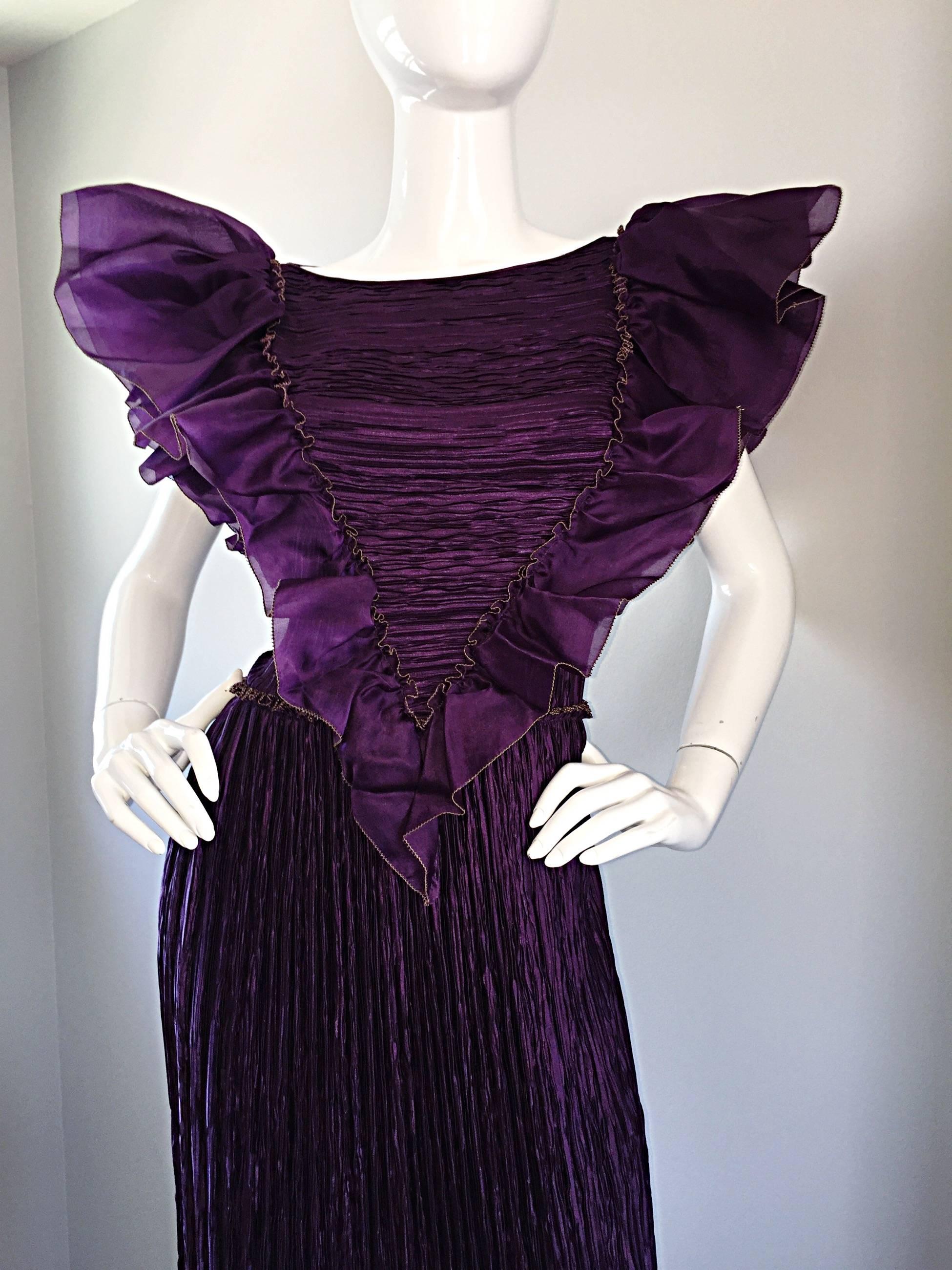 Mary McFadden Couture for Bonwit Teller 80s Purple Fortuny Pleated Ruffle Dress 4