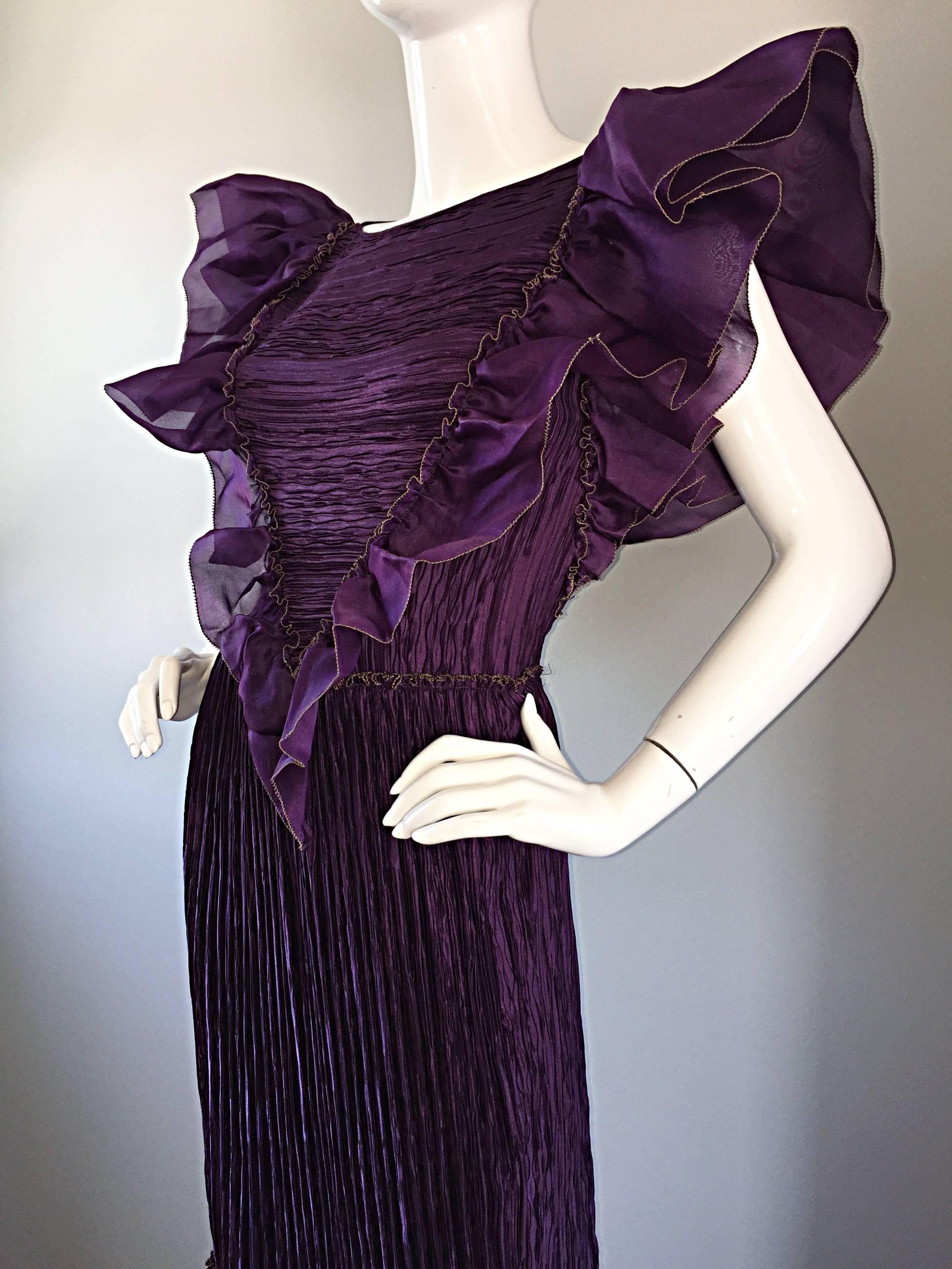Mary McFadden Couture for Bonwit Teller 80s Purple Fortuny Pleated Ruffle Dress 1
