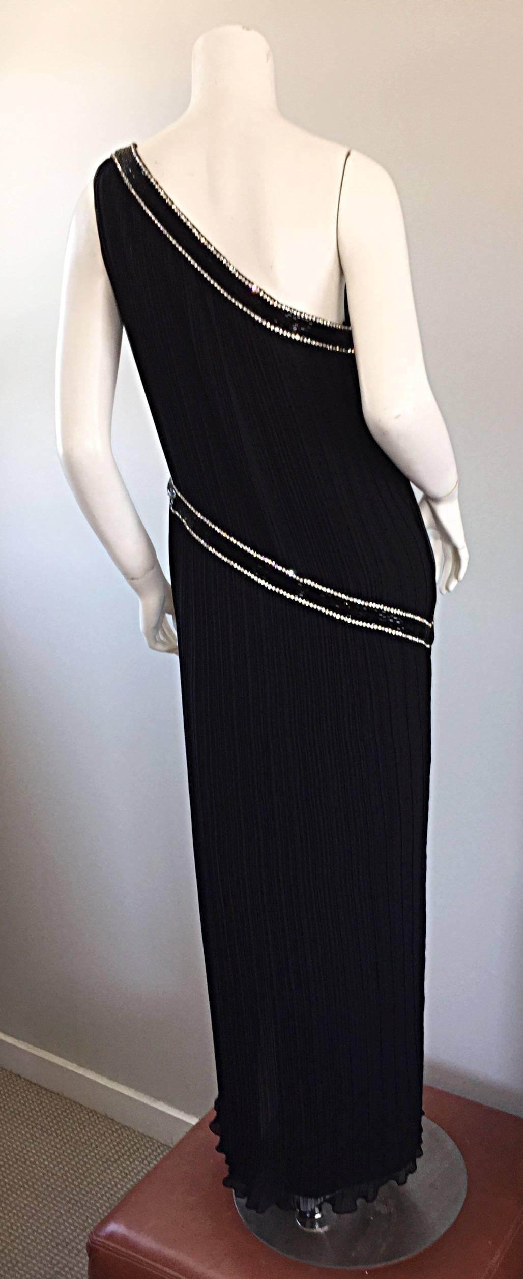 Jill Richards for I. Magnin Black Silk Plisse One Shoulder Rhinestone Gown Dress For Sale 3