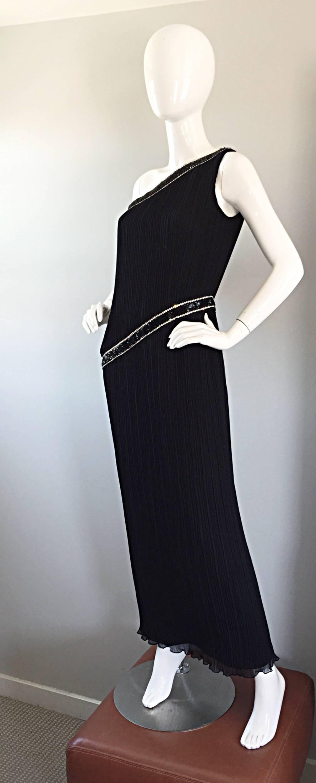 Jill Richards for I. Magnin Black Silk Plisse One Shoulder Rhinestone Gown Dress For Sale 1