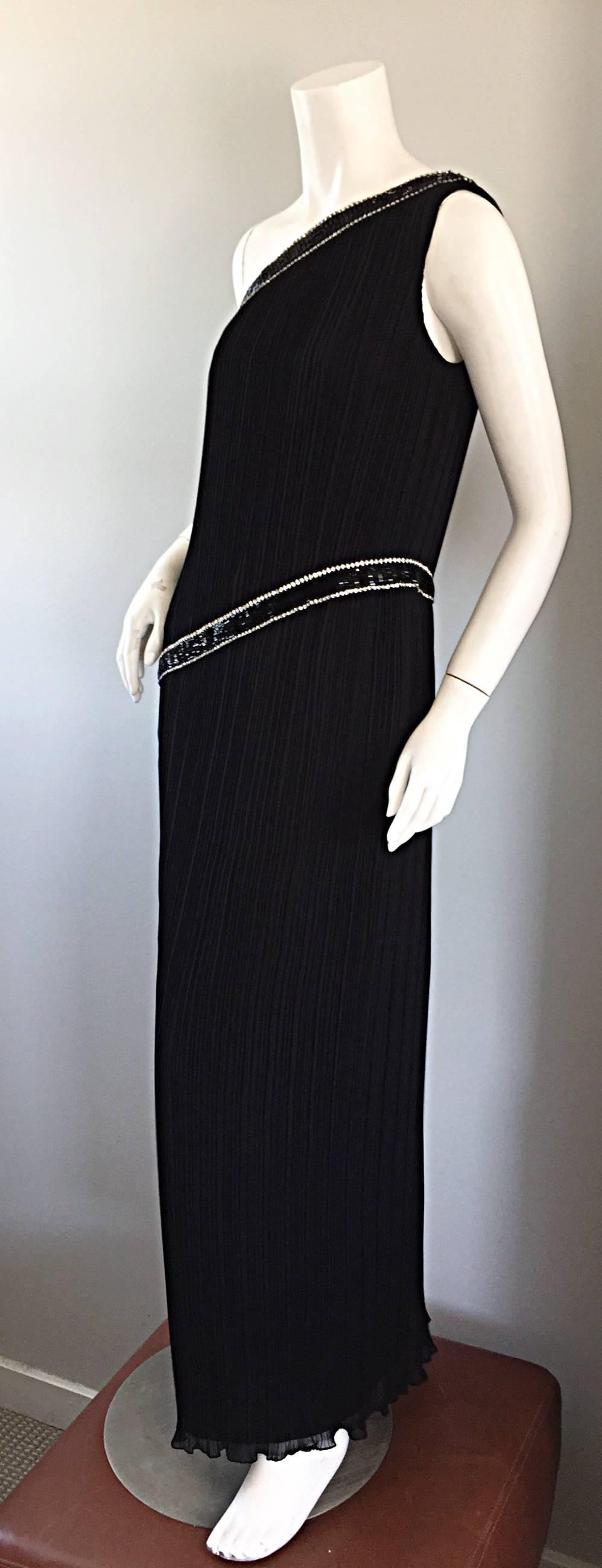 Jill Richards for I. Magnin Black Silk Plisse One Shoulder Rhinestone Gown Dress For Sale 5