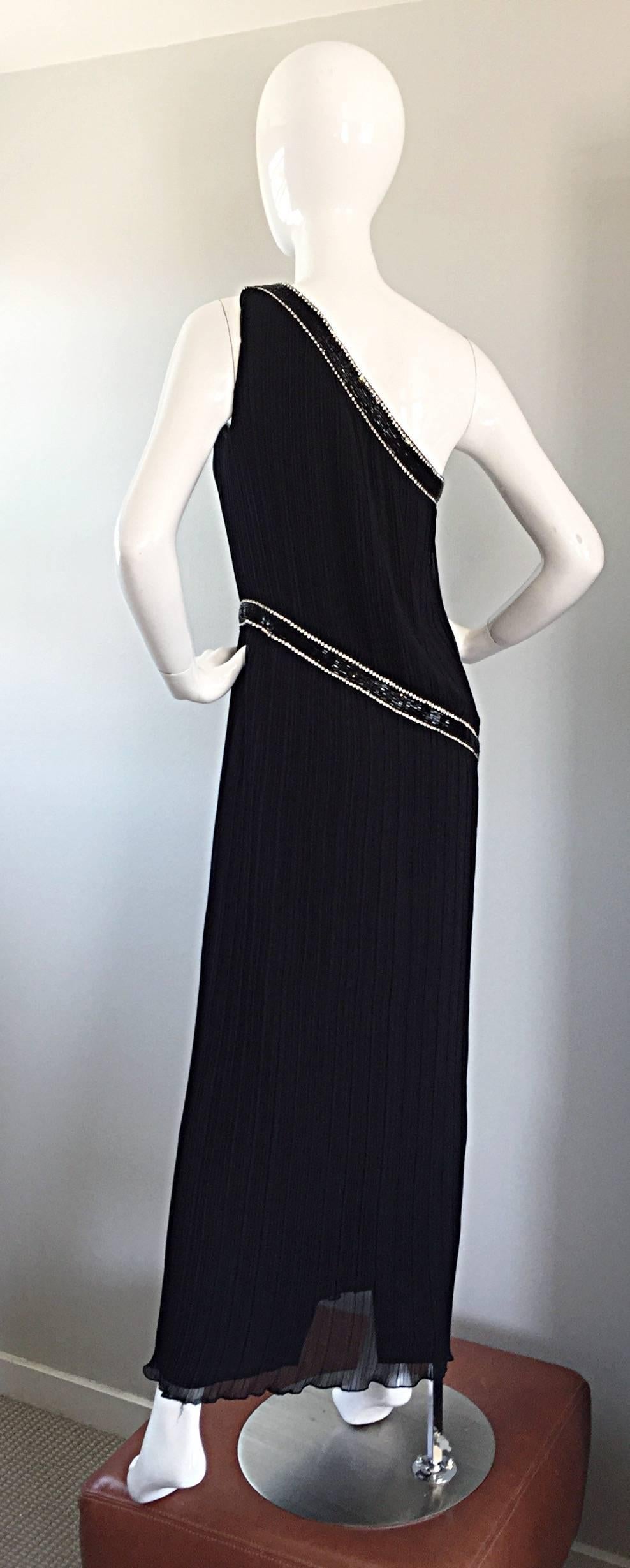 Jill Richards for I. Magnin Black Silk Plisse One Shoulder Rhinestone Gown Dress For Sale 4