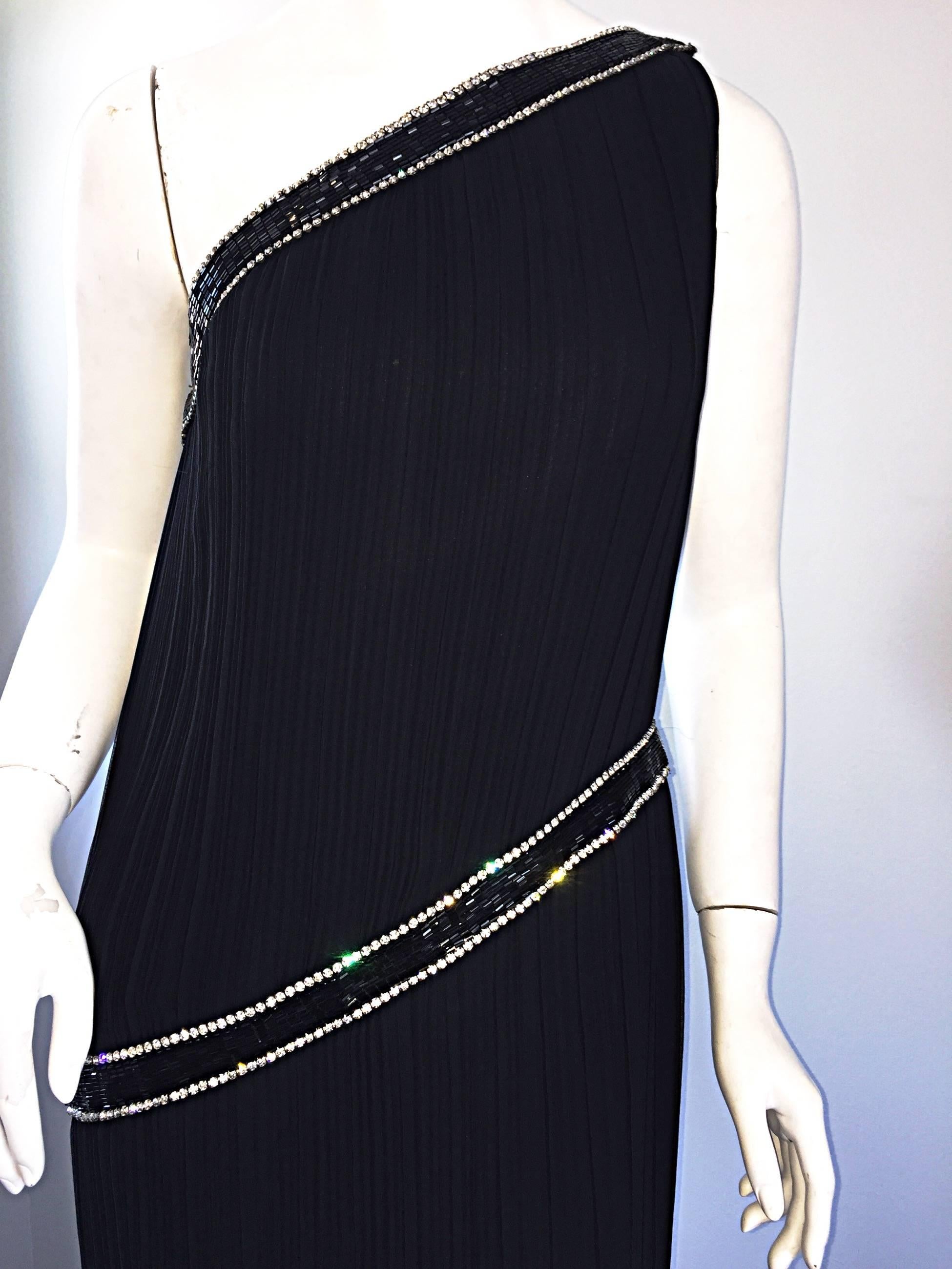 Jill Richards for I. Magnin Black Silk Plisse One Shoulder Rhinestone Gown Dress For Sale 2