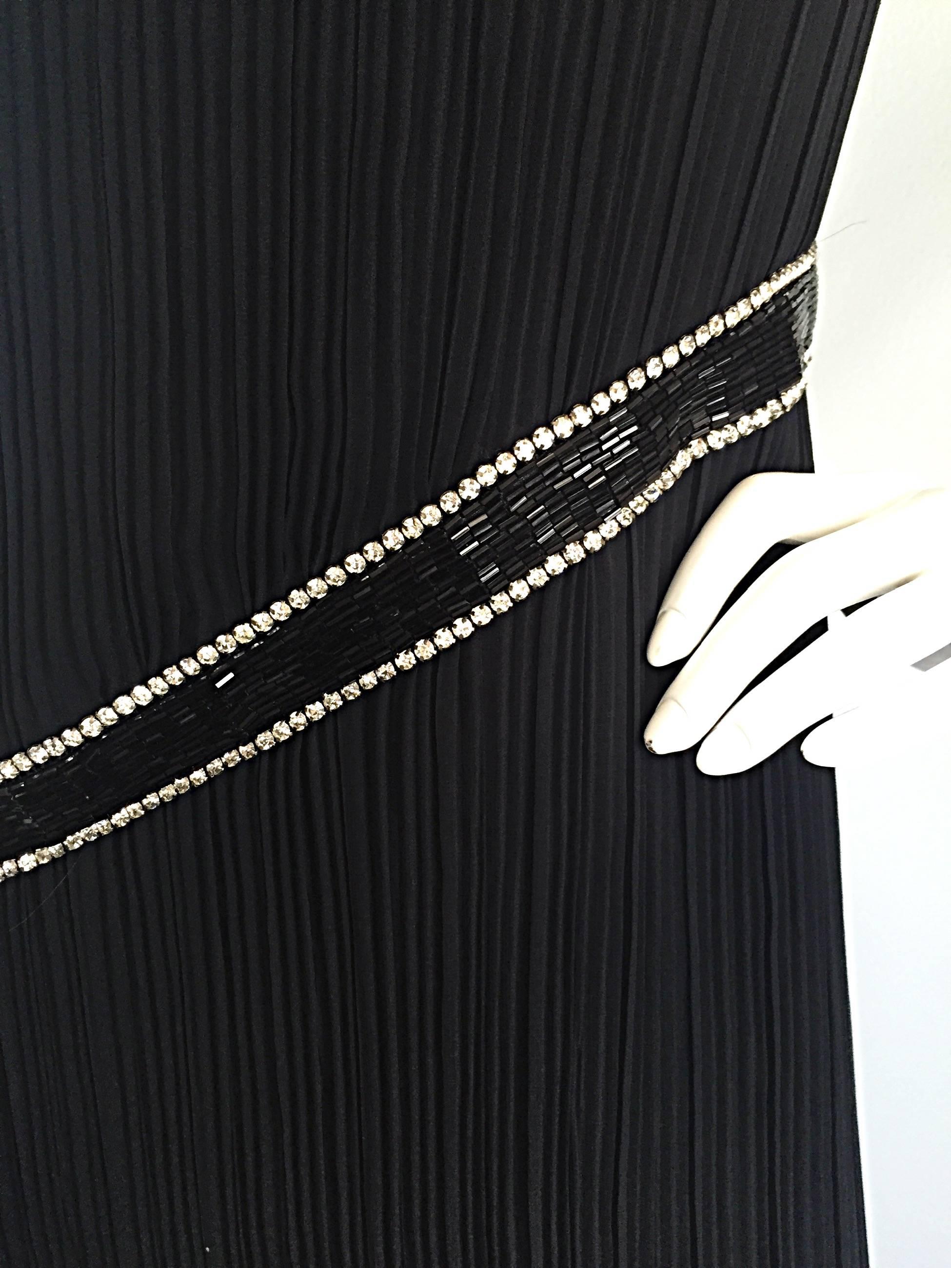 Women's Jill Richards for I. Magnin Black Silk Plisse One Shoulder Rhinestone Gown Dress