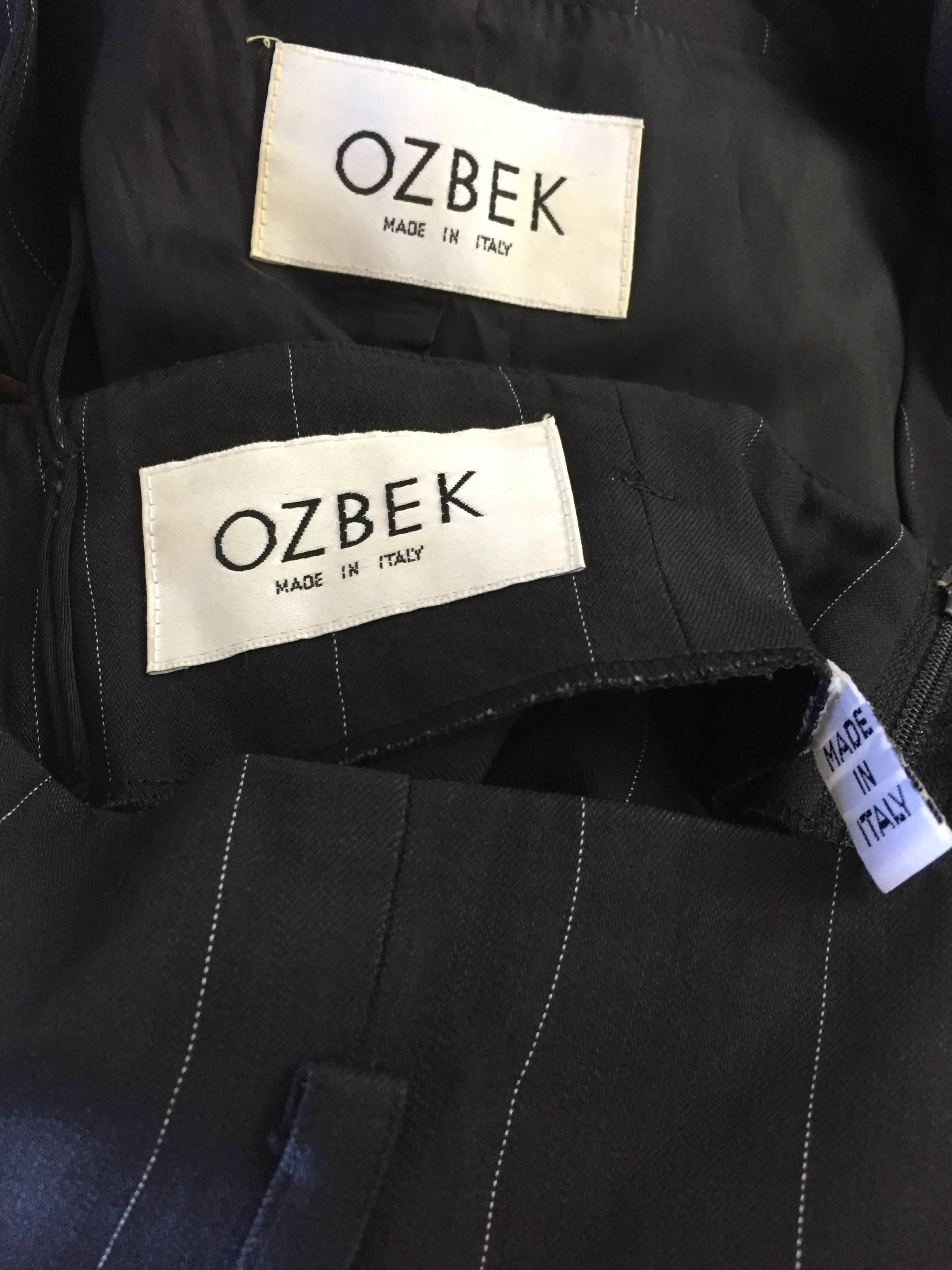 Seltener Rifat Ozbek Vintage Schwarz + Weiß Nadelstreifen Leder Fransen Weste Hose Anzug im Angebot 6