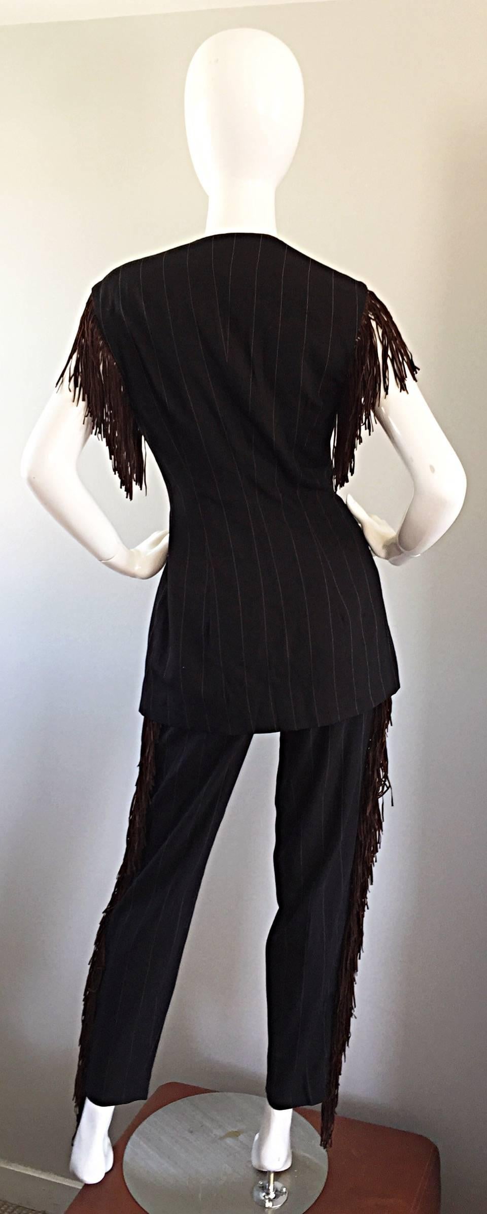 Rare Rifat Ozbek Vintage Black + White Pinstripe Leather Fringe Vest Pant Suit In Excellent Condition For Sale In San Diego, CA