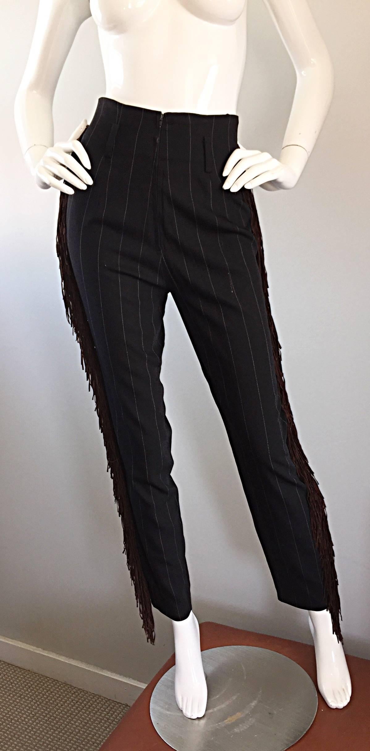 Women's Rare Rifat Ozbek Vintage Black + White Pinstripe Leather Fringe Vest Pant Suit For Sale