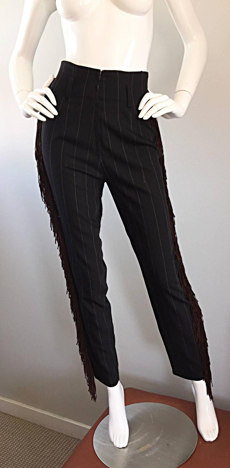 Rare Rifat Ozbek Vintage Black + White Pinstripe Leather Fringe Vest Pant Suit For Sale at 1stdibs