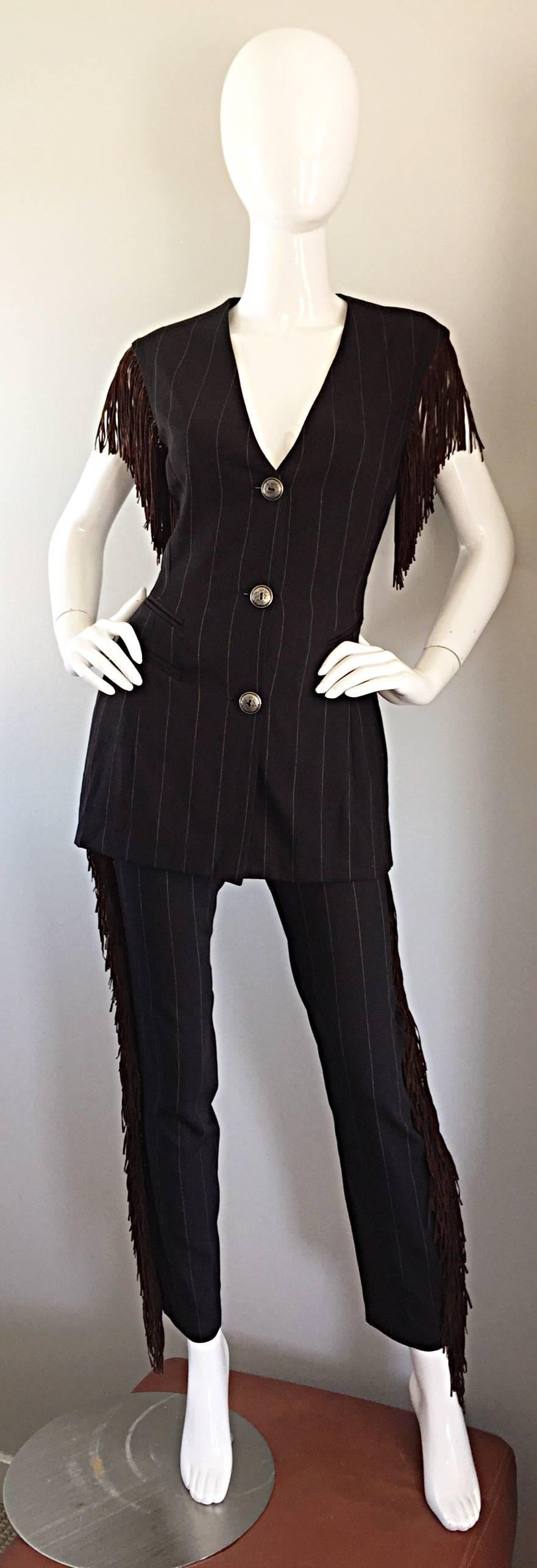 Rare Rifat Ozbek Vintage Black + White Pinstripe Leather Fringe Vest Pant Suit For Sale 2