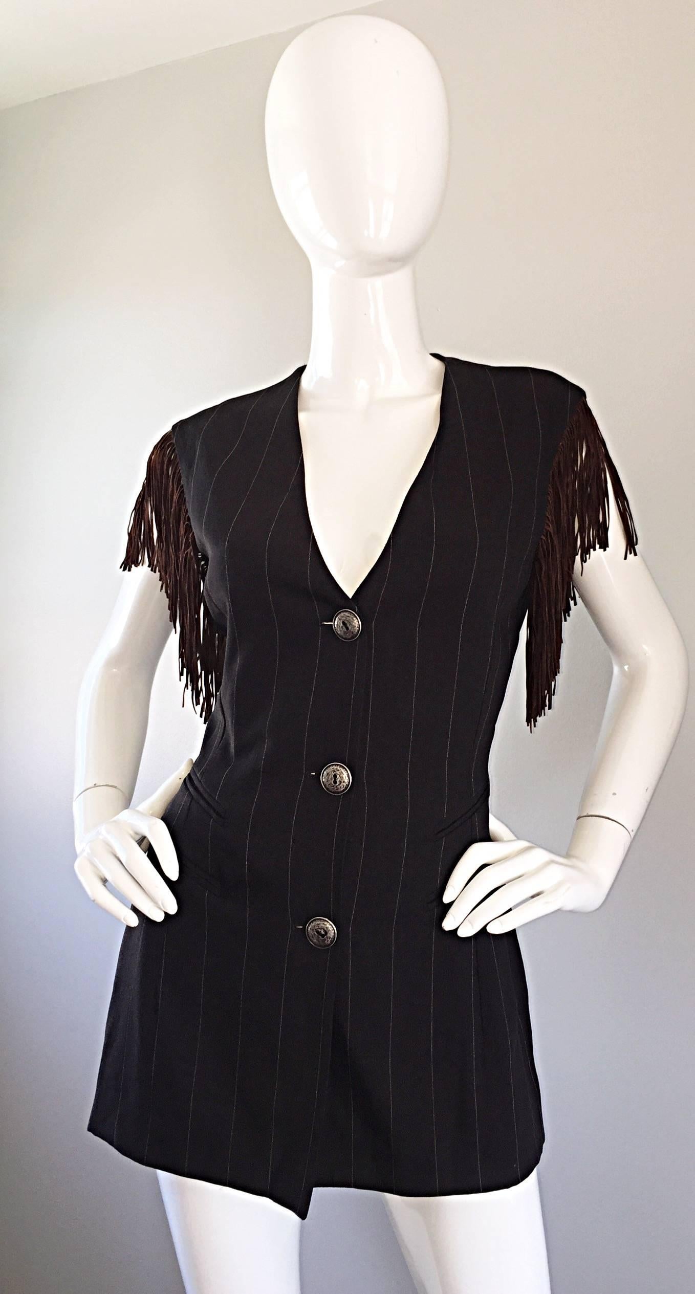 Rare Rifat Ozbek Vintage Black + White Pinstripe Leather Fringe Vest Pant Suit For Sale 1