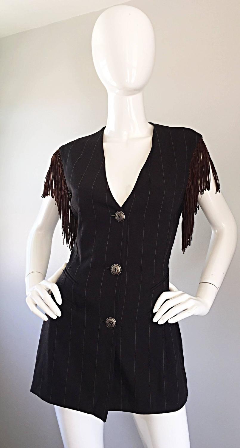 Rare Rifat Ozbek Vintage Black + White Pinstripe Leather Fringe Vest Pant Suit For Sale at 1stdibs