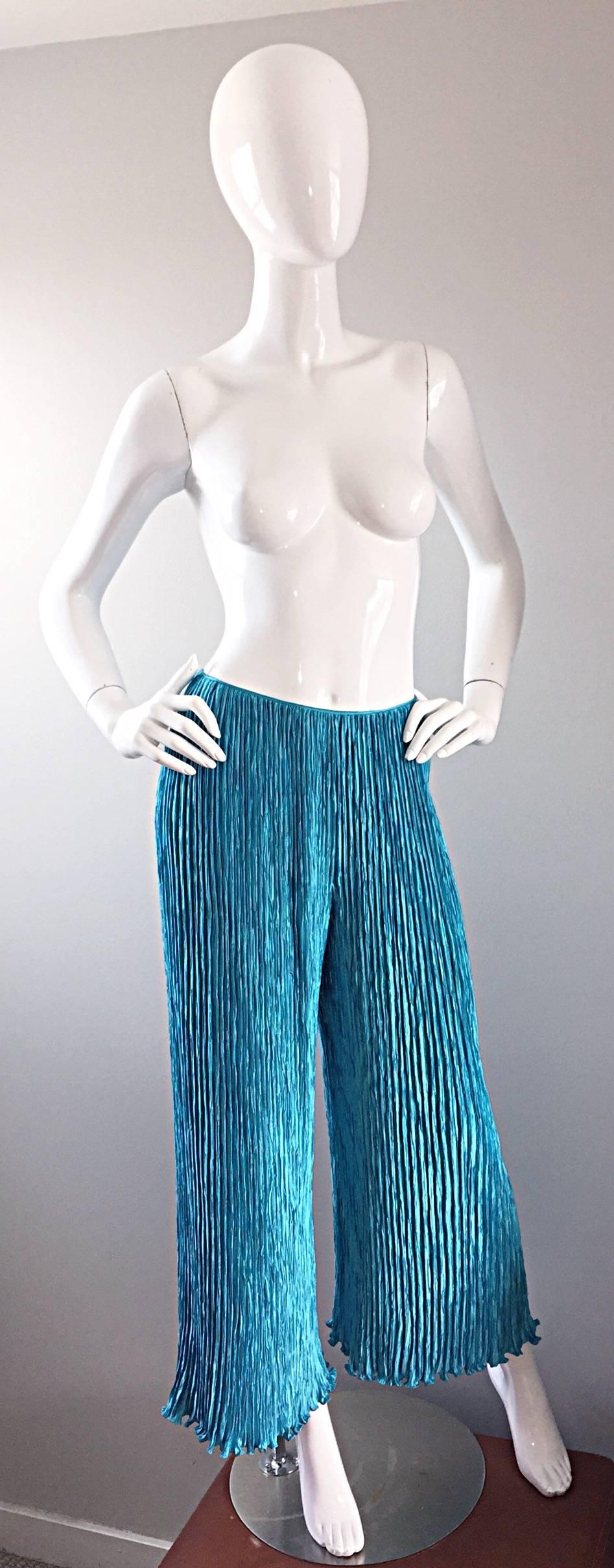 Green Vintage Mary McFadden Couture Turquoise Blue Silk Fortuny Pleated Palazzo Pants