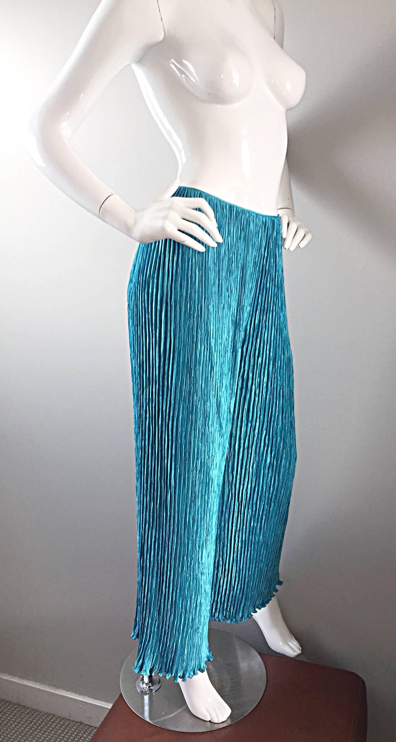Vintage Mary McFadden Couture Turquoise Blue Silk Fortuny Pleated Palazzo Pants In Excellent Condition In San Diego, CA