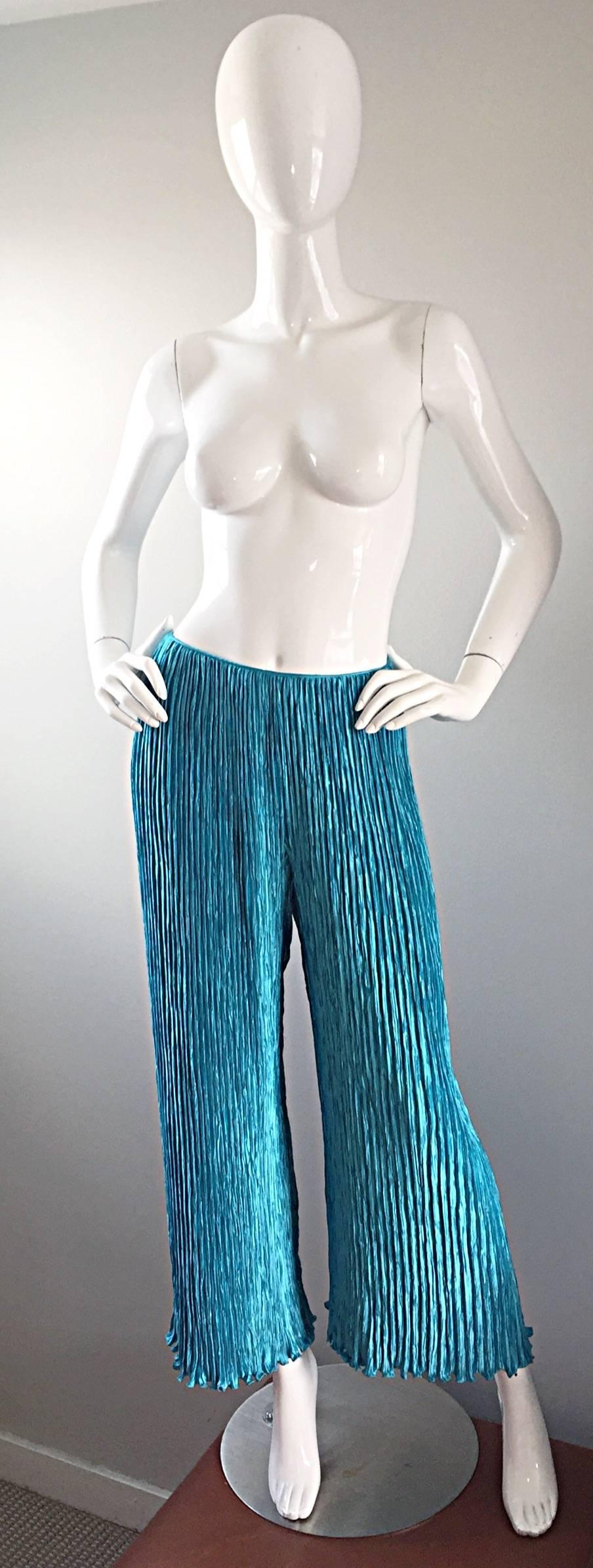 Vintage Mary McFadden Couture Turquoise Blue Silk Fortuny Pleated Palazzo Pants 1