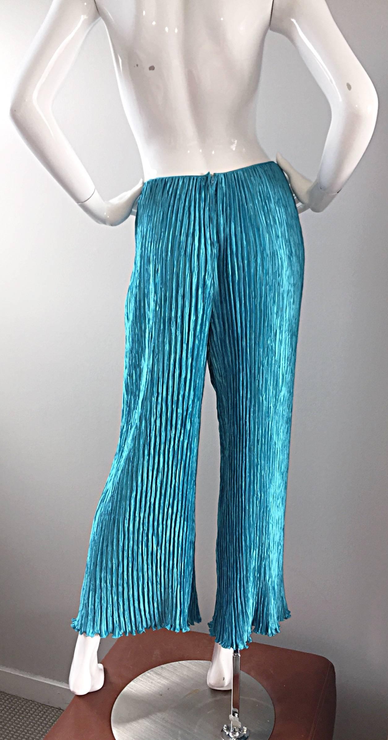 Women's Vintage Mary McFadden Couture Turquoise Blue Silk Fortuny Pleated Palazzo Pants