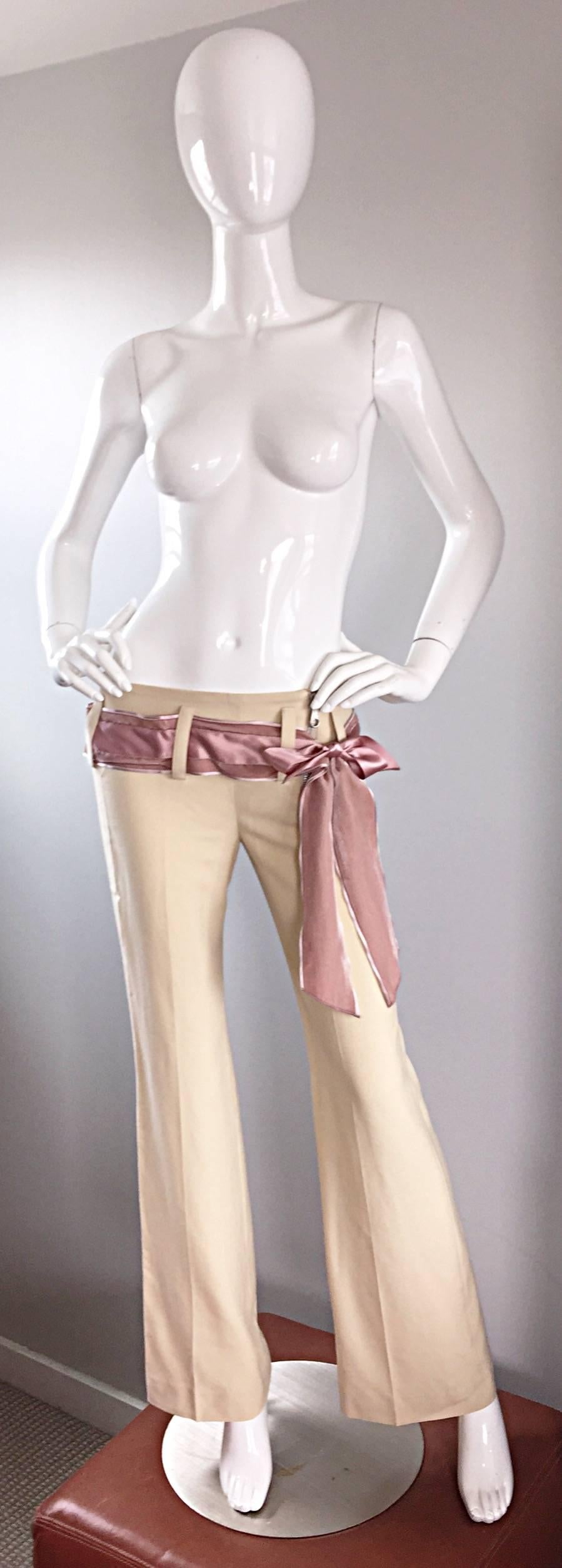 Chic vintage CHLOE, by STELLA MCCARTNEY, khaki wide leg low rise trousers! Never worn! Very lightweight wool is super soft! Features attached pink silk and velvet bow belt, with a stylish exposed silver zipper on front side. Super flattering fit