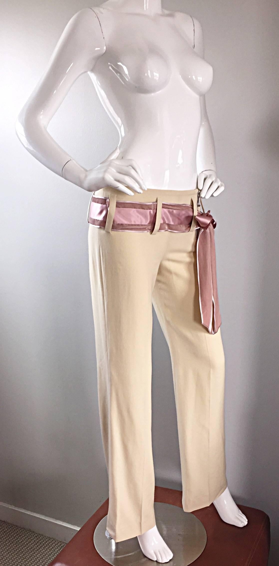 1990s Chloe by Stella McCartney Khaki Beige Wide Leg Pink Belted Low Rise Pants 1