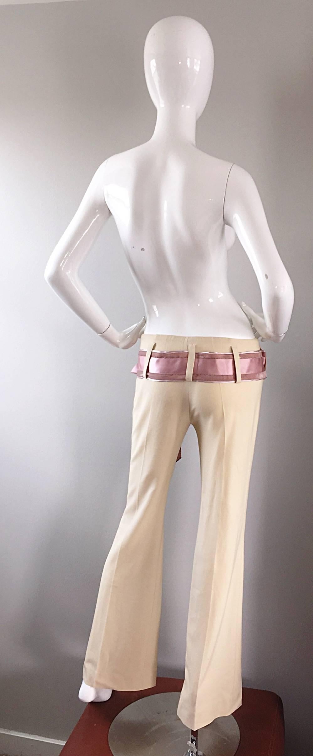 1990s Chloe by Stella McCartney Khaki Beige Wide Leg Pink Belted Low Rise Pants 2