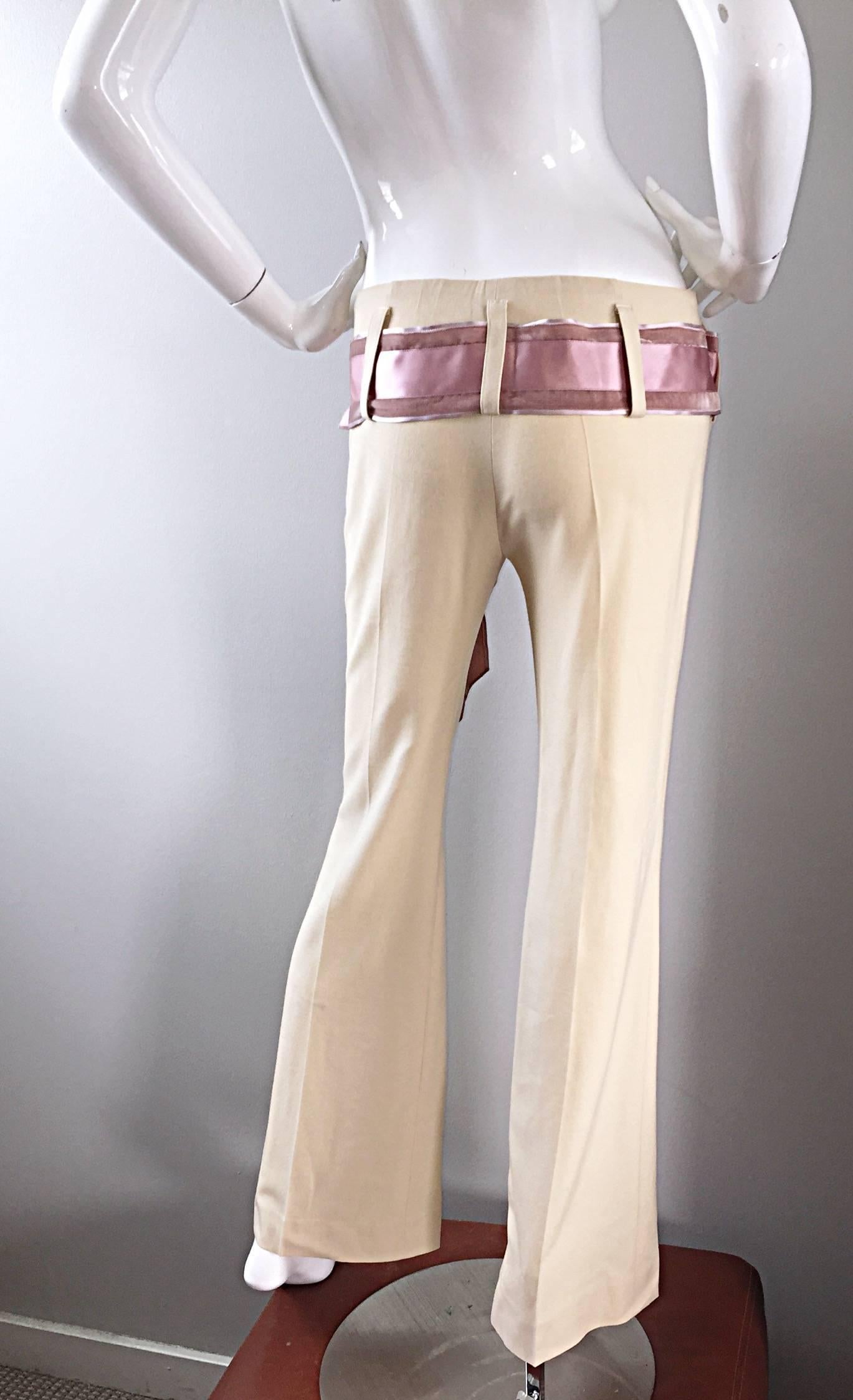 1990s Chloe by Stella McCartney Khaki Beige Wide Leg Pink Belted Low Rise Pants In New Condition In San Diego, CA