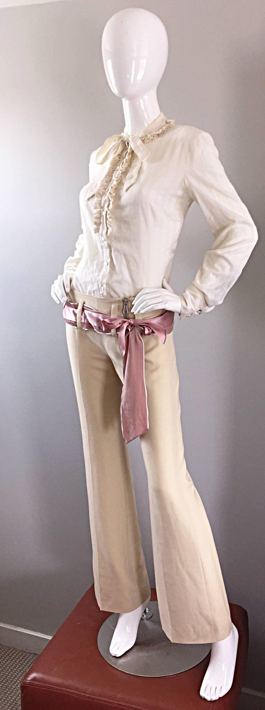 1990s Chloe by Stella McCartney Khaki Beige Wide Leg Pink Belted Low Rise Pants 3