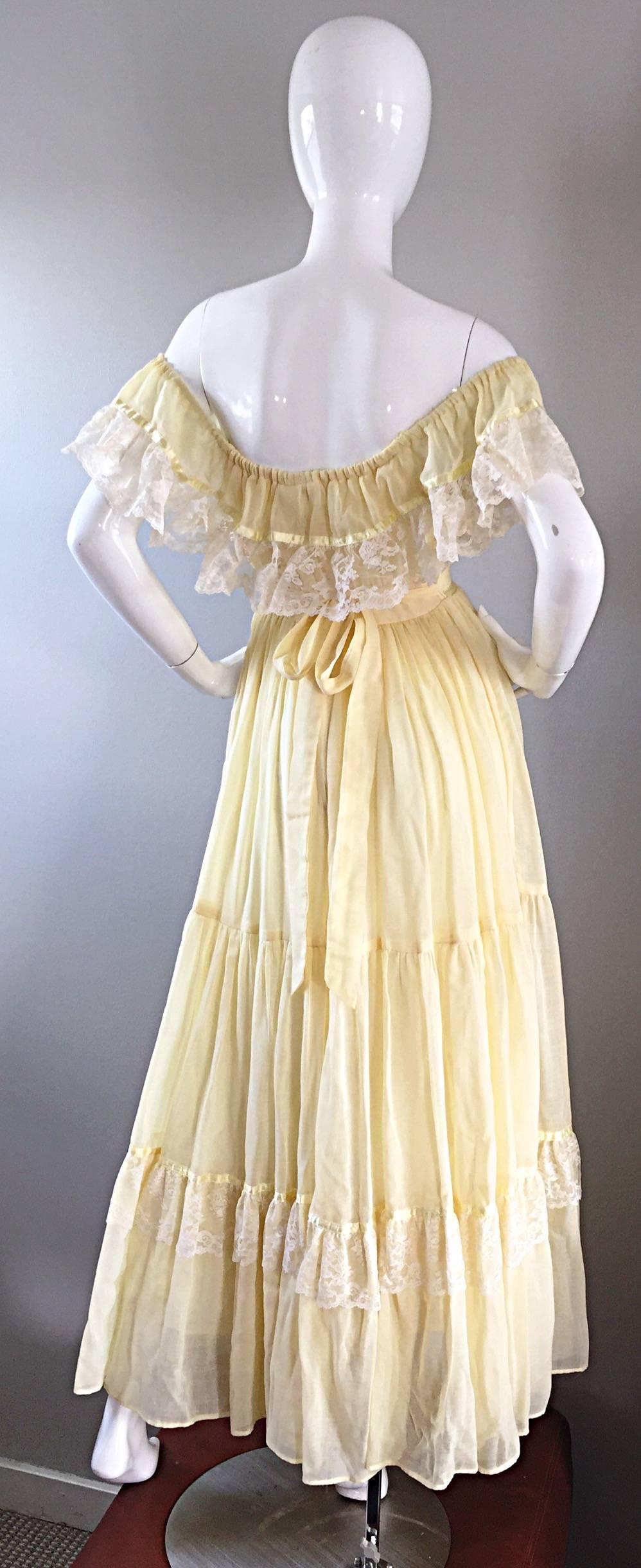 1970s Vintage Yellow Cotton Voile + Lace Off - Shoulder Peasant Boho Maxi Dress For Sale 1