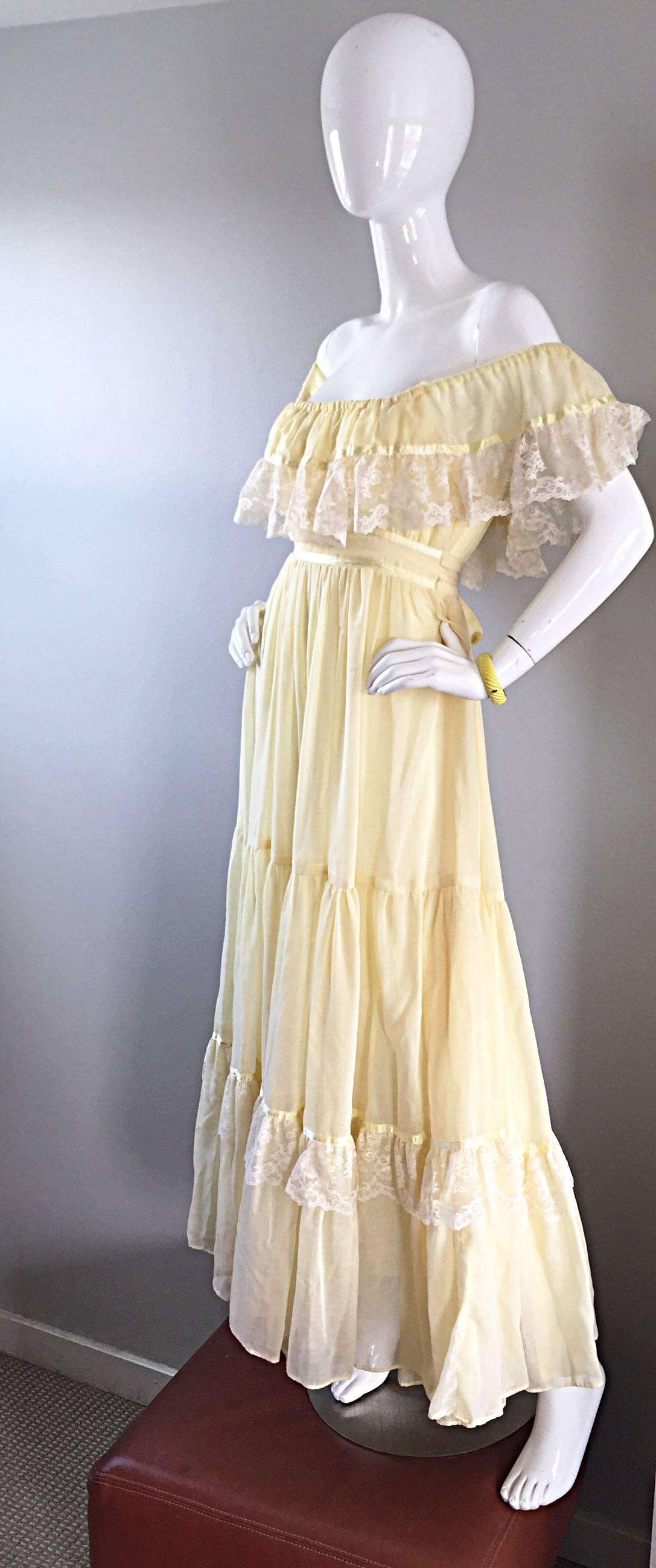 Women's 1970s Vintage Yellow Cotton Voile + Lace Off - Shoulder Peasant Boho Maxi Dress For Sale