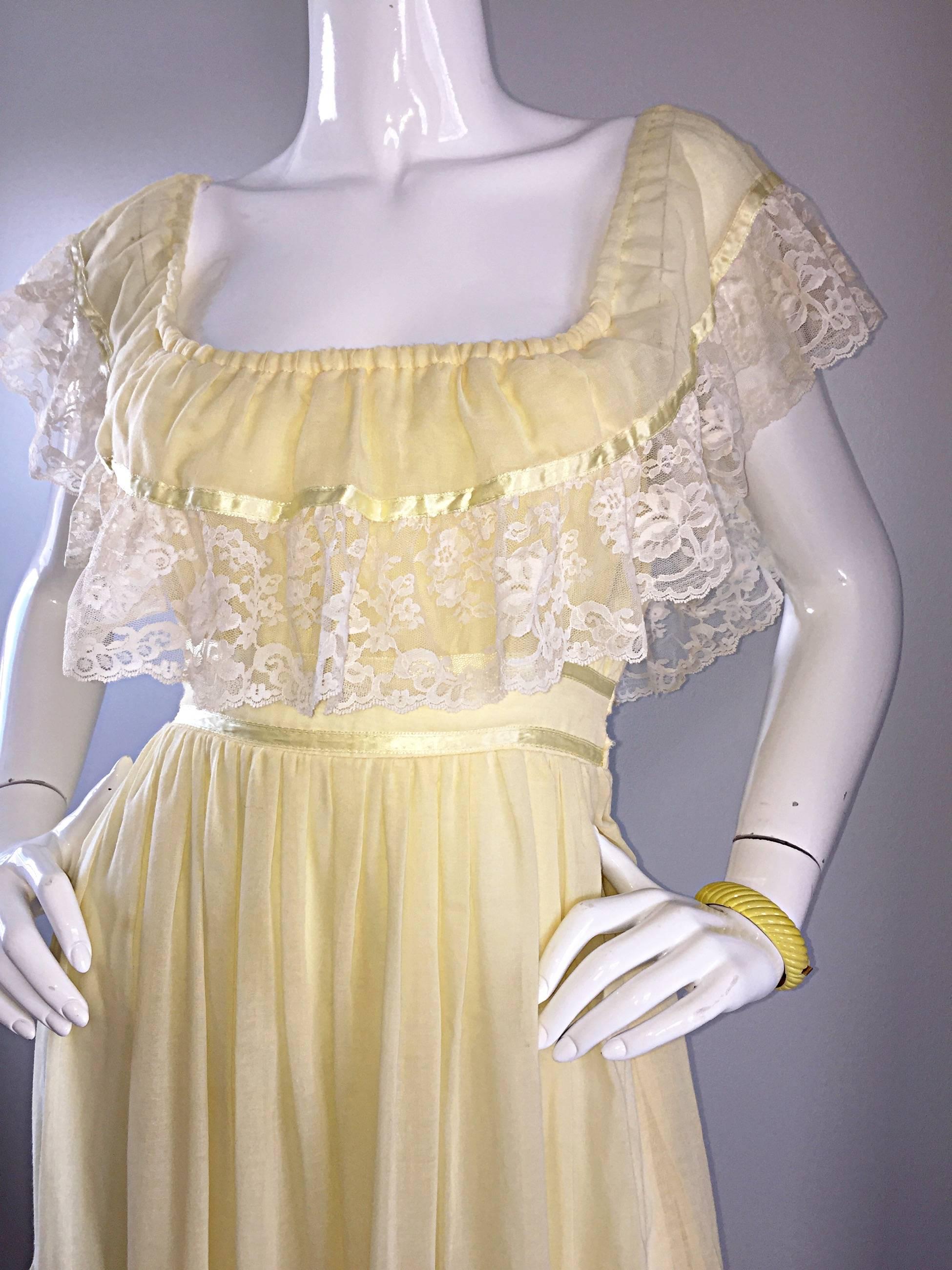 Beige 1970s Vintage Yellow Cotton Voile + Lace Off - Shoulder Peasant Boho Maxi Dress For Sale