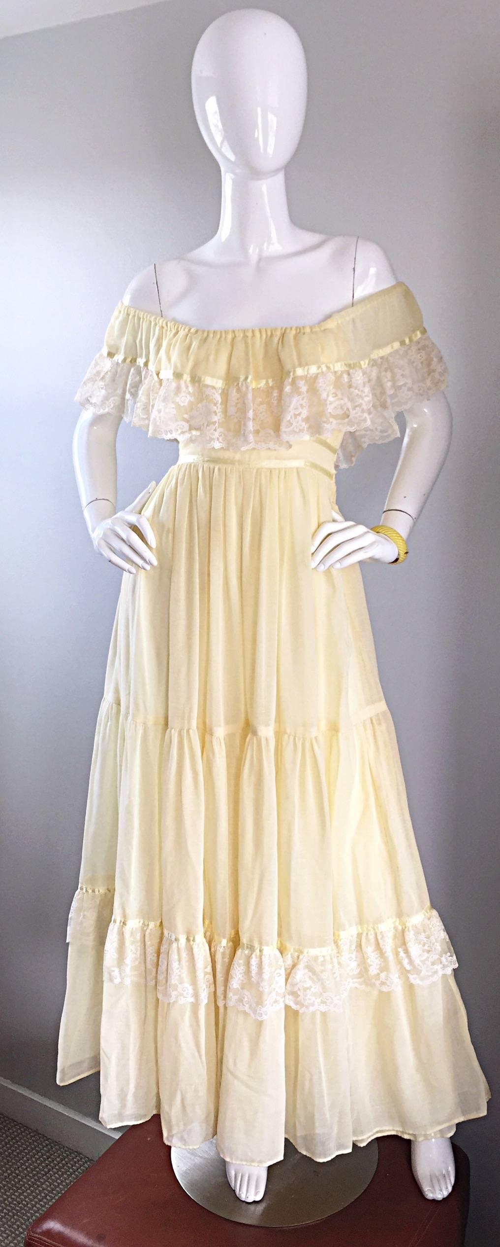 1970s Vintage Yellow Cotton Voile + Lace Off - Shoulder Peasant Boho Maxi Dress For Sale 2