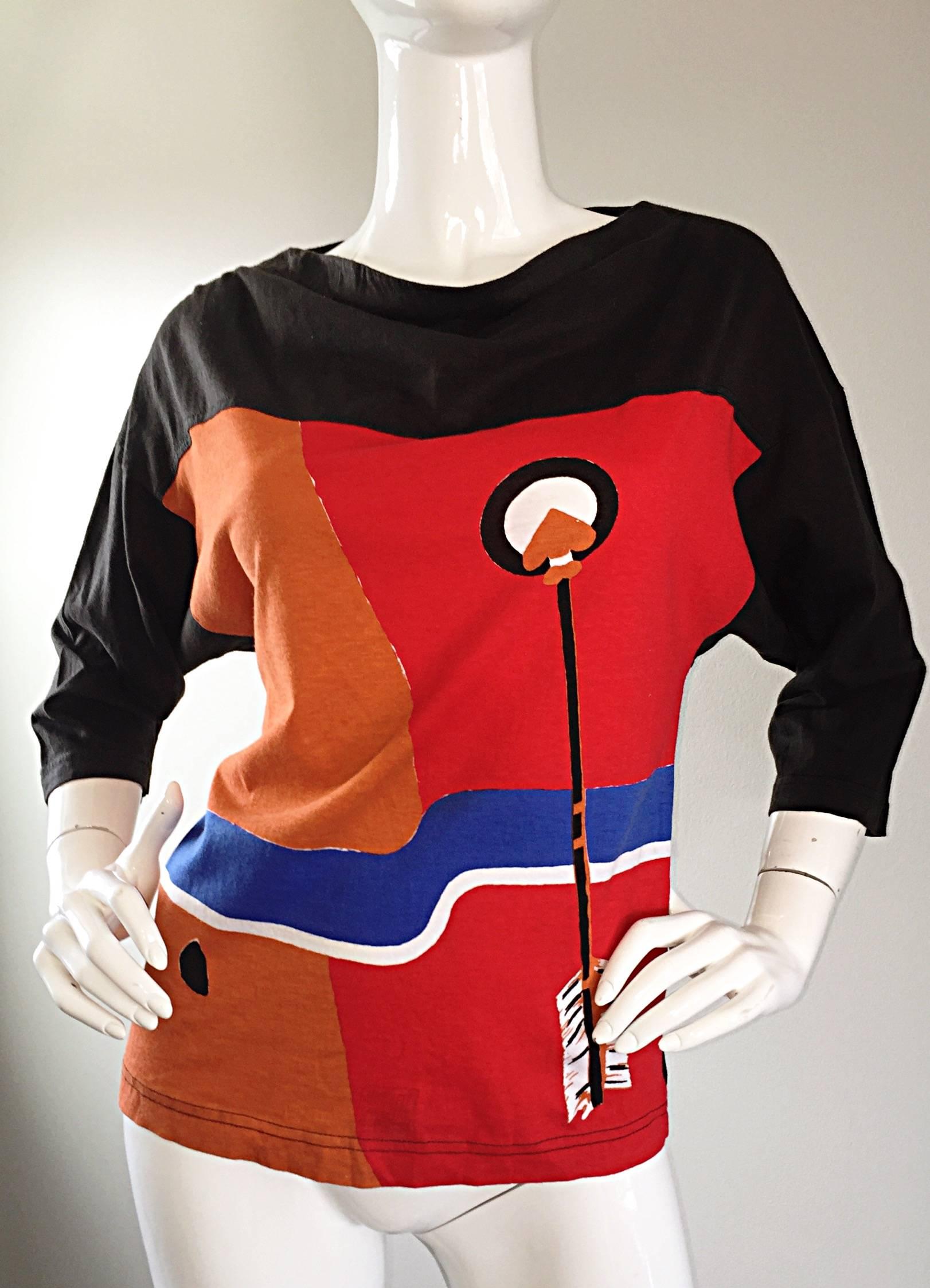 Blusa Vintage Michaele Vollbracht ' Bow & Arrow ' Op - Art Raro Top Color Block Rojo en venta