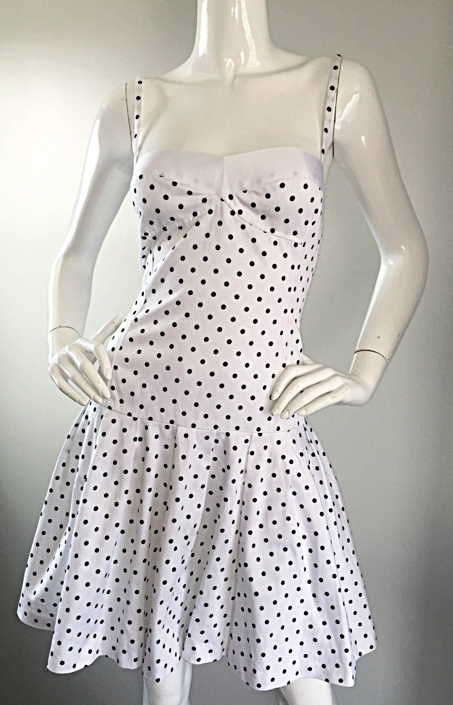 Gray Enrico Coveri 1980s Vintage White & Black Polka Dot Cotton Fit & Flare Dress For Sale