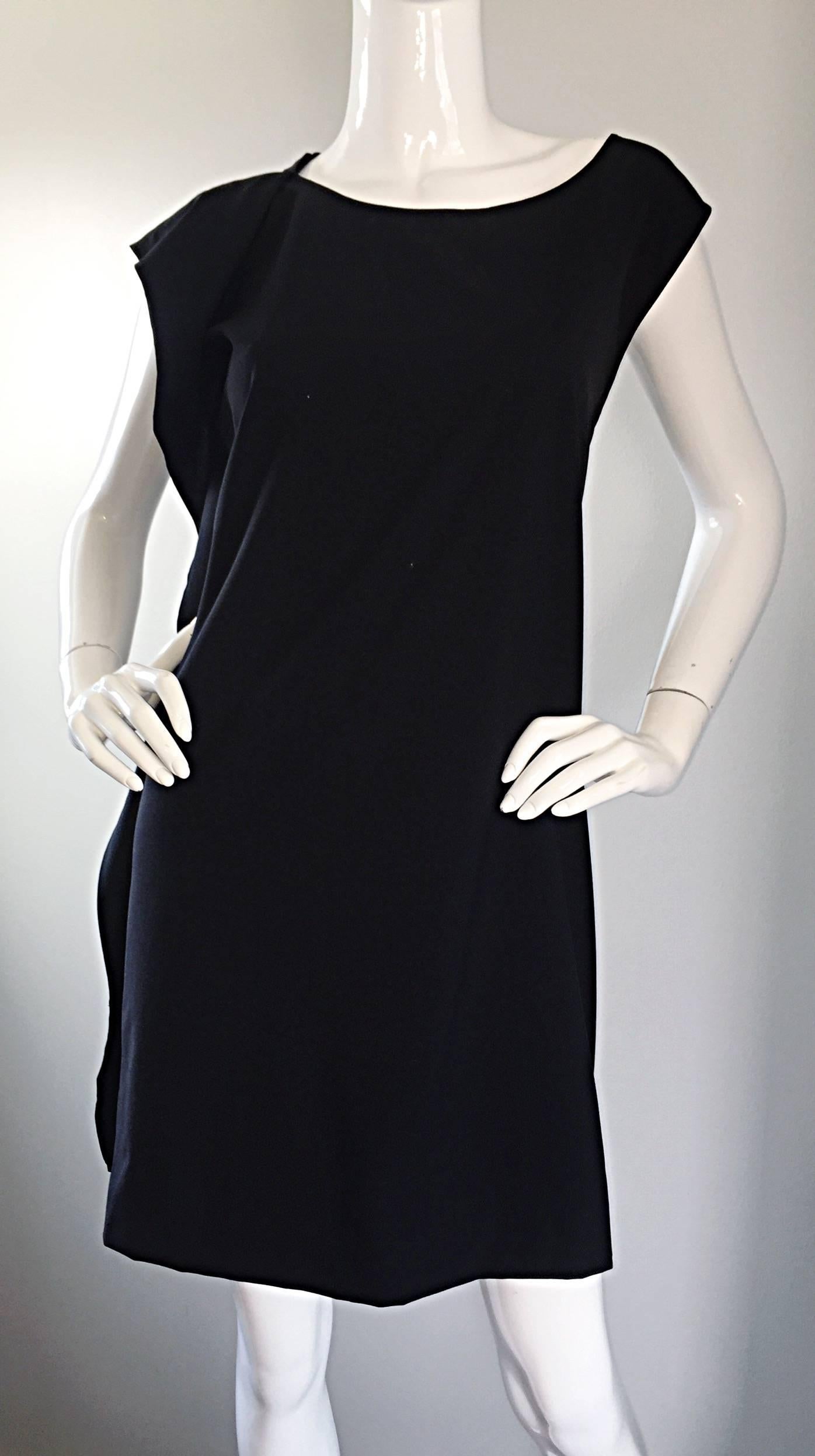 Women's 1990s Jil Sander Minimalist Black Deconstructed Asymmetrical Draped Dress 90s For Sale