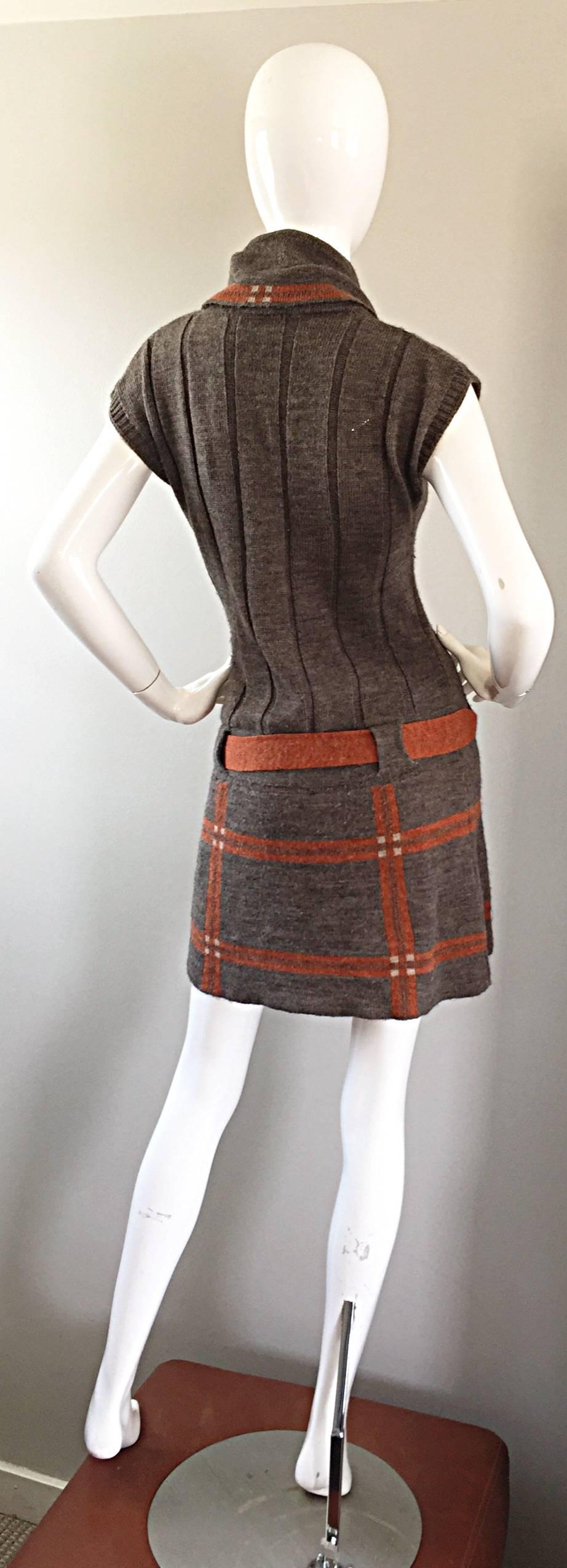Vintage Cocogio Brown + Grey + Orange Cowl Neck Belted Plaid Sweater Dress In Excellent Condition In San Diego, CA