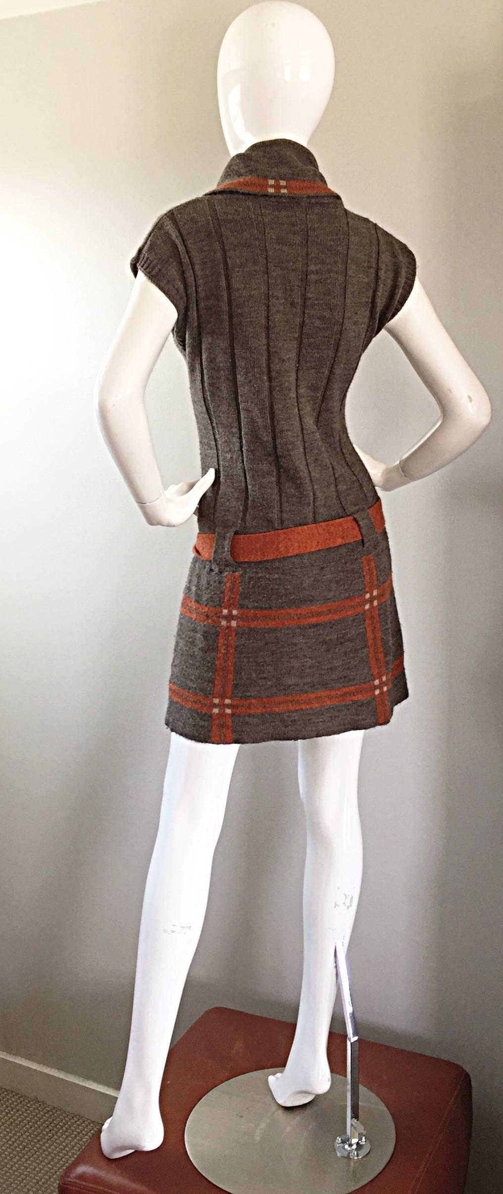 Vintage Cocogio Brown + Grey + Orange Cowl Neck Belted Plaid Sweater Dress 1