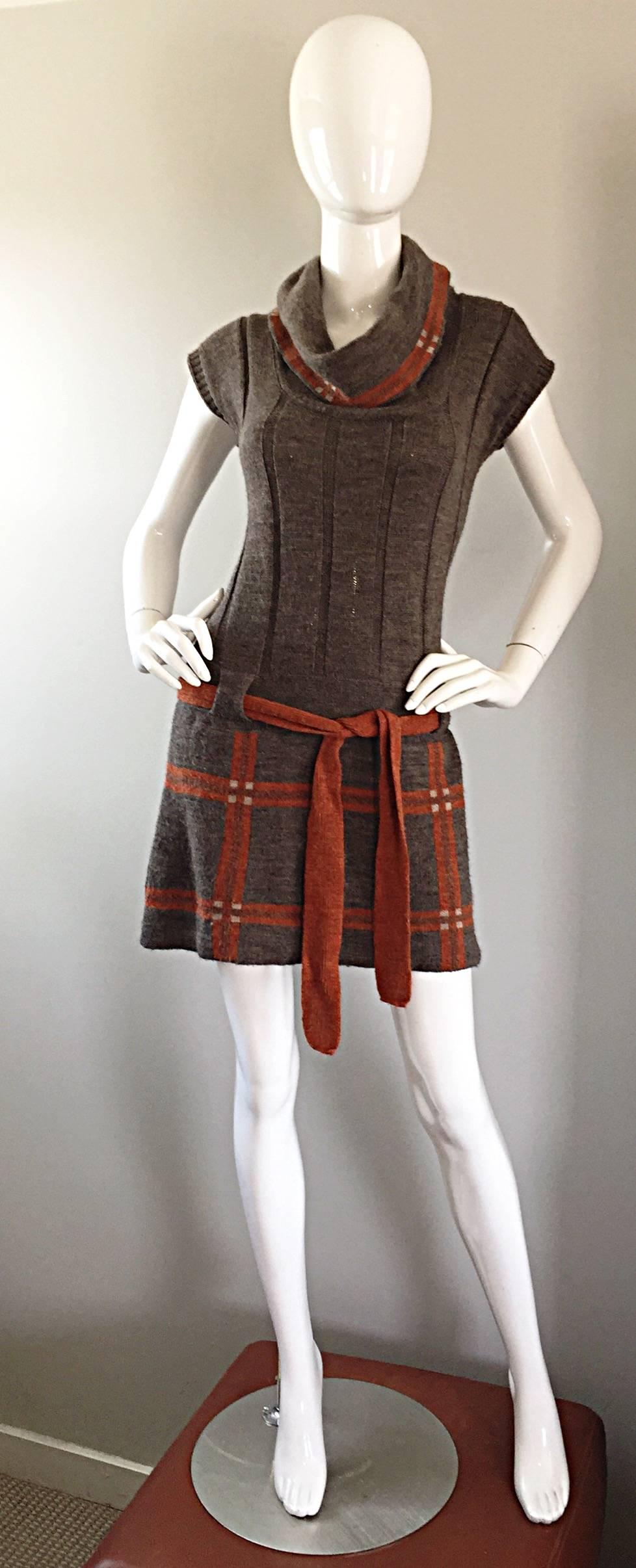 Vintage Cocogio Brown + Grey + Orange Cowl Neck Belted Plaid Sweater Dress 2