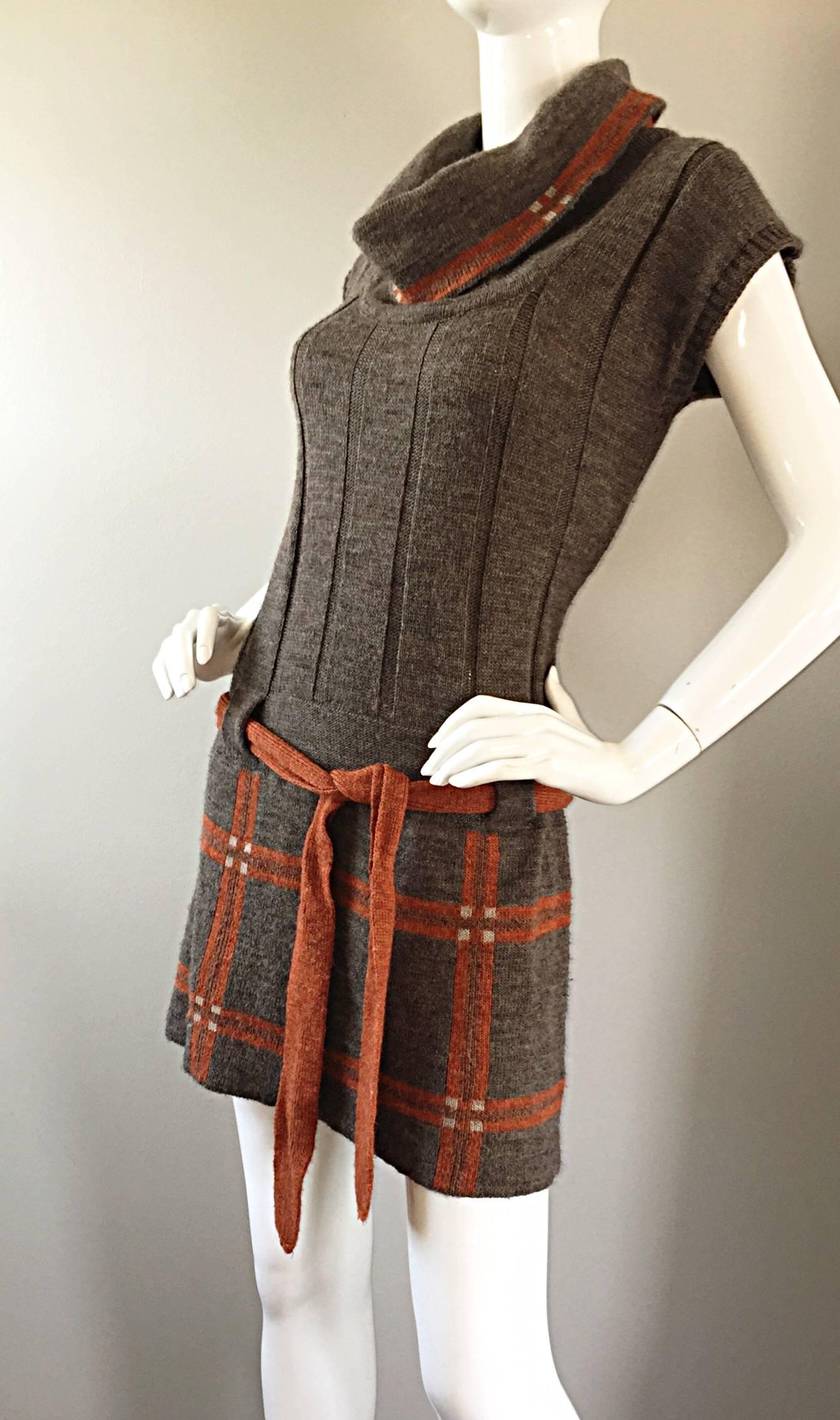 Women's Vintage Cocogio Brown + Grey + Orange Cowl Neck Belted Plaid Sweater Dress