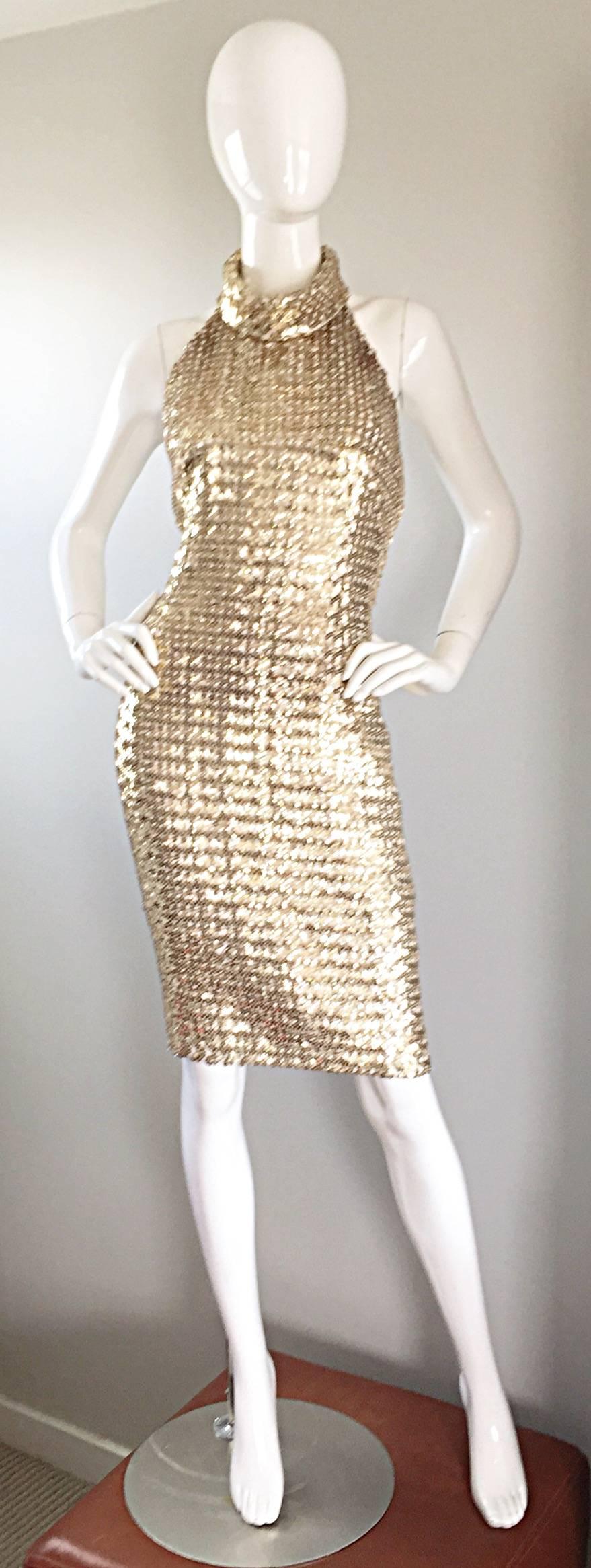 Incredibly sexy 1960s JOSEPH MAGNIN gold sequin halter dress with open back! Words cannot even begin to describe how utterly amazing this dress is in person! Thousands of hand-sewn gold sequins throughout, on top of Ivory silk. Low cut open back