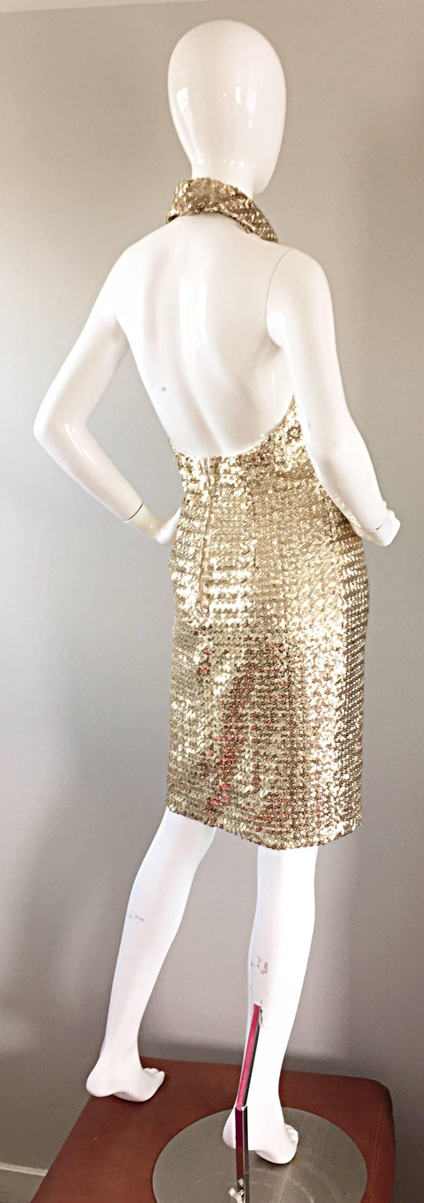 Incredible 1960s Joseph Magnin Gold Sequin Vintage 60s Open Back Wiggle Dress 1