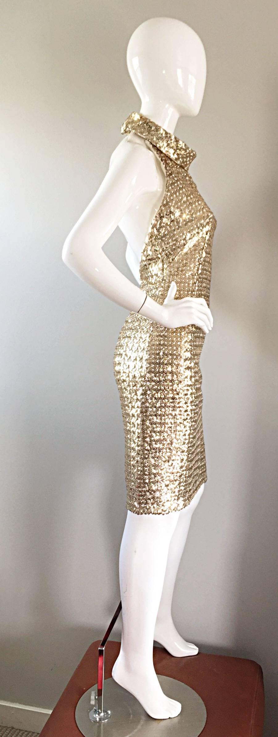 Brown Incredible 1960s Joseph Magnin Gold Sequin Vintage 60s Open Back Wiggle Dress